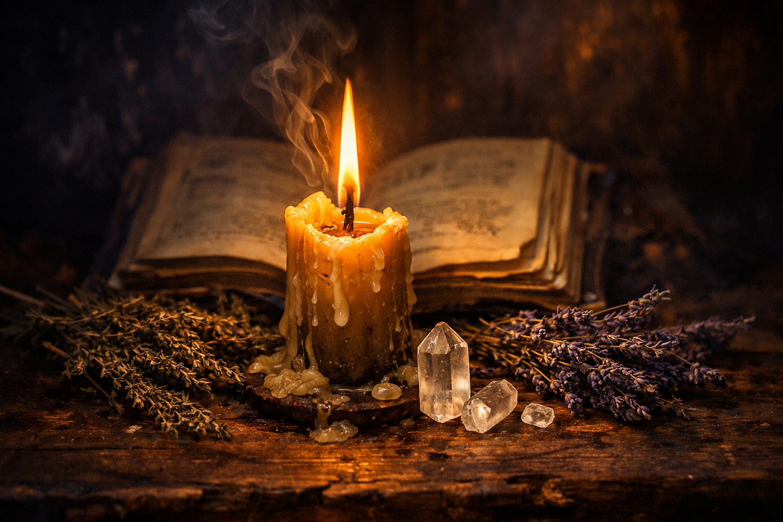 Bougie d'intention en cire de soja avec cristal de quartz fumé et herbes magiques sur autel violet et parme