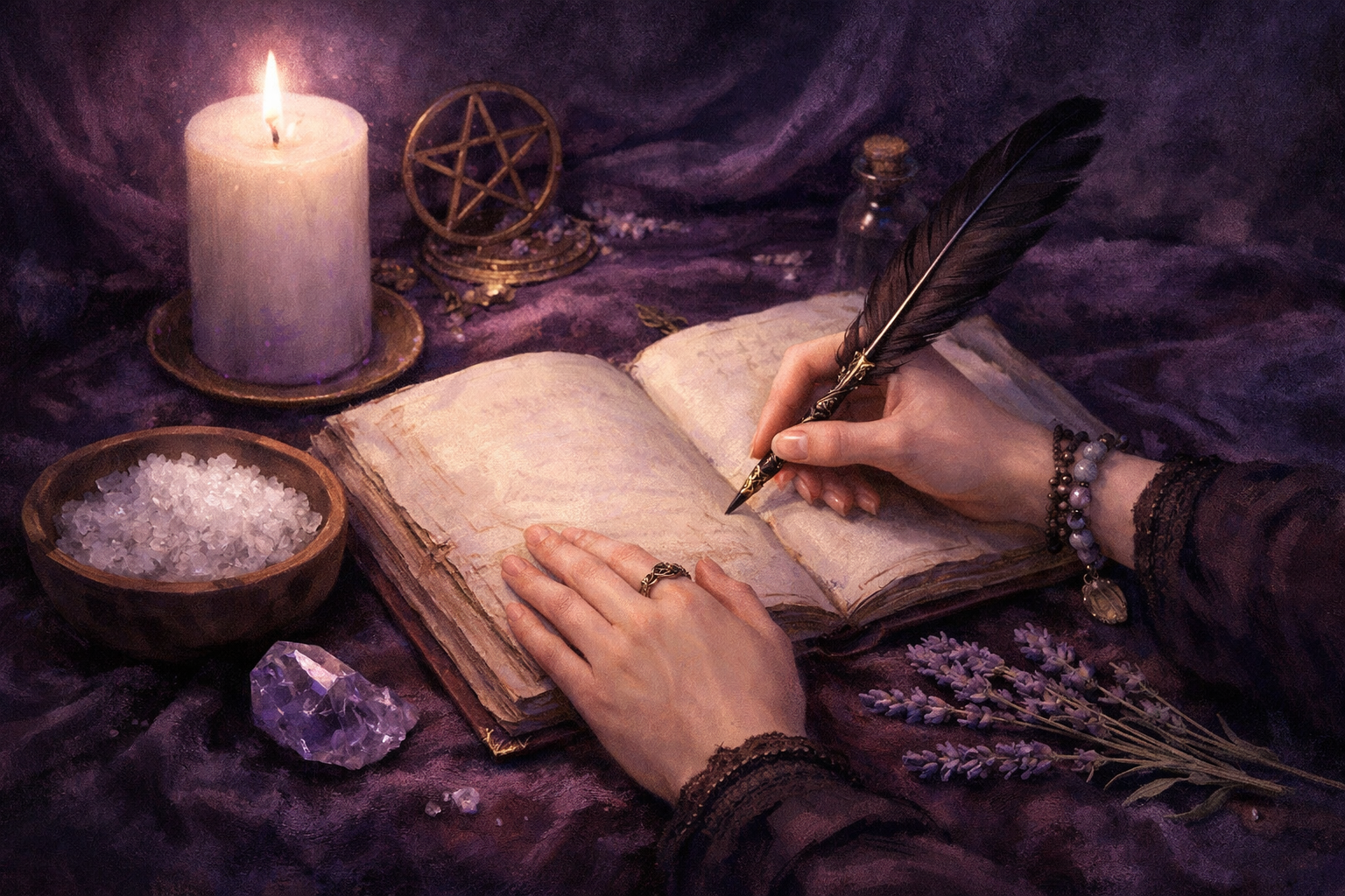 Mains de jeune sorcière écrivant dans son Livre des Ombres à la lueur d'une bougie, entourée du matériel rituel essentiel pour débuter (sel, lavande, améthyste)