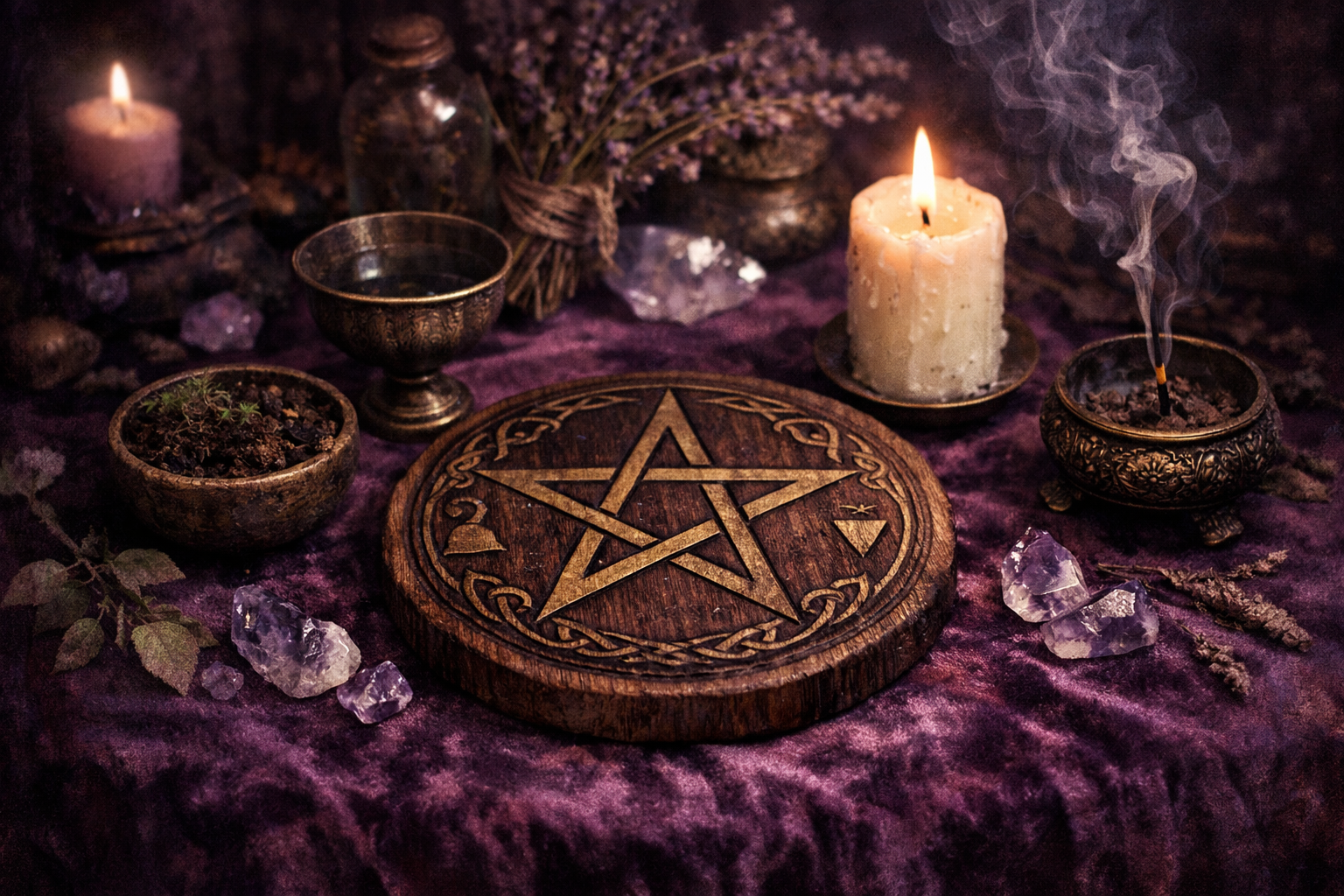 Pentacle de bois sculpté au centre d'un autel wiccan avec symboles élémentaires (sel, eau, bougie, encens) sur velours améthyste pour rituel de consécration