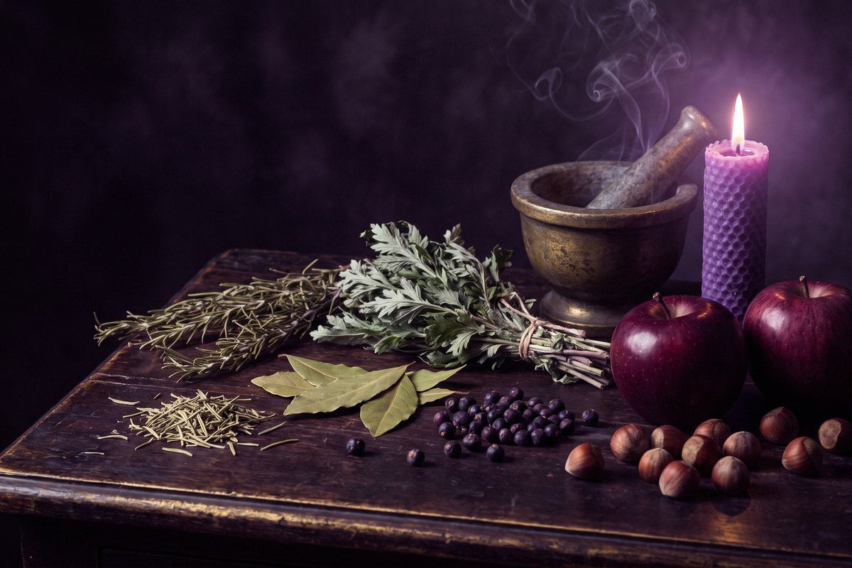 Plantes de Samhain séchées sur une table en bois sombre, bougie violette allumée, romarin, laurier, armoise, baies de genévrier, noisettes et pommes rouges