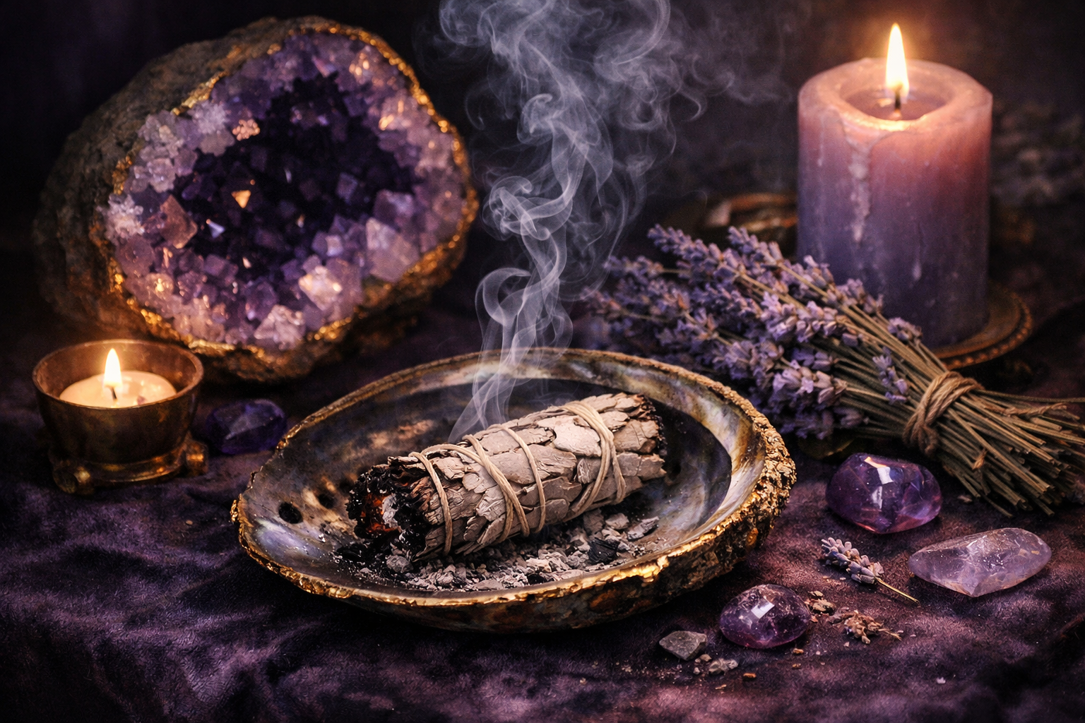 Bouquet de sauge blanche brûlant doucement sur autel violet avec améthyste, lavande et coquillage d'ormeau pour rituel de fumigation purificateur