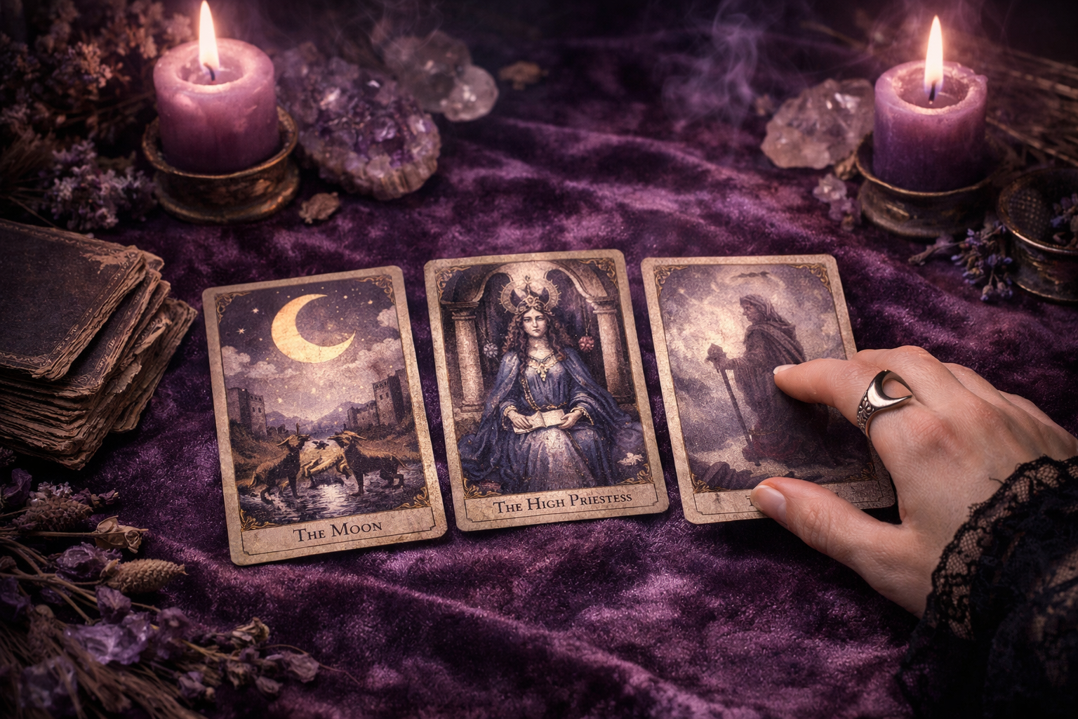 Trois cartes de tarot Rider-Waite posées sur velours améthyste à la lueur d'une bougie violette pour premier tirage de divination