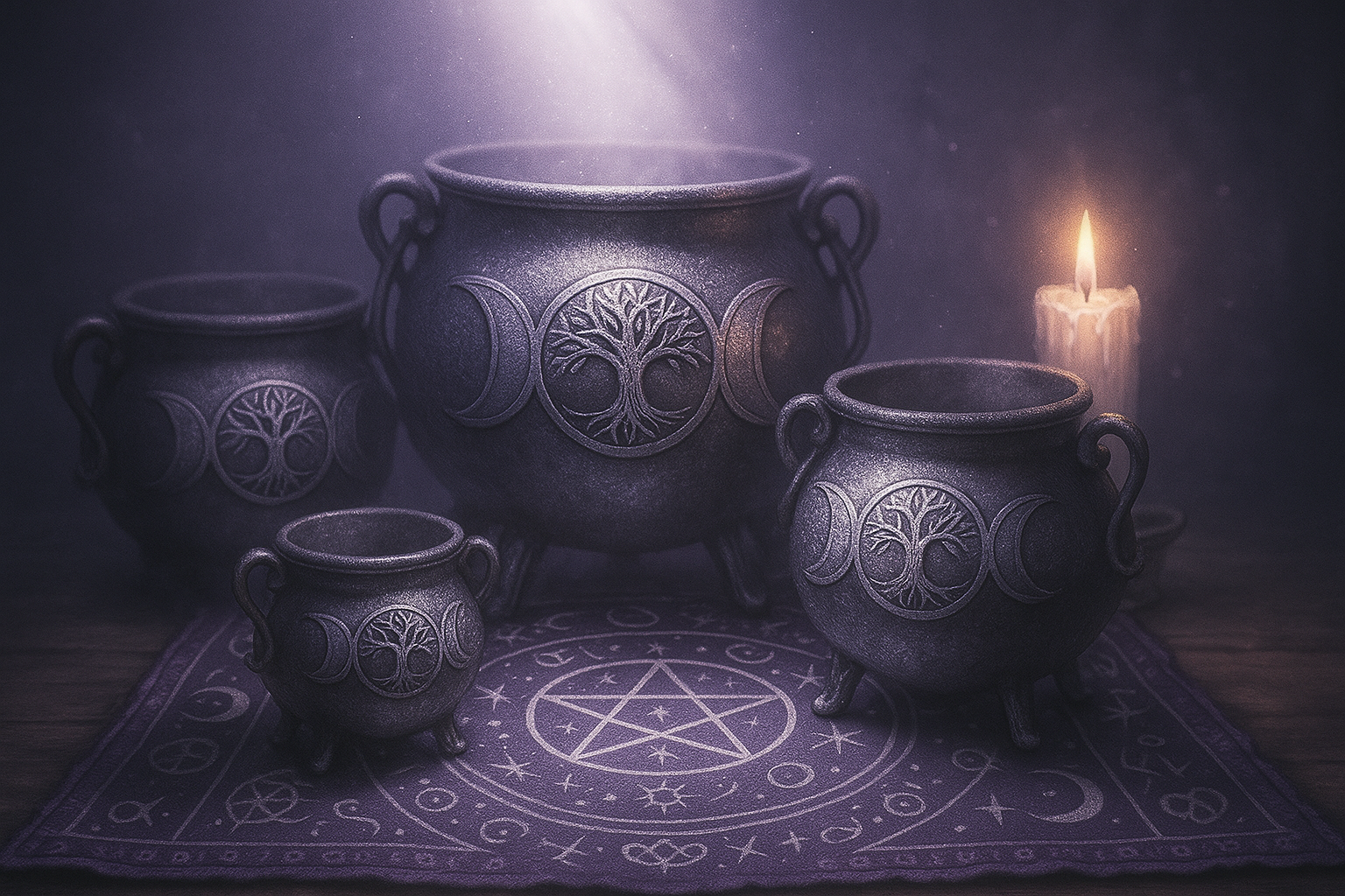 Des chaudrons rituels posés sur une table