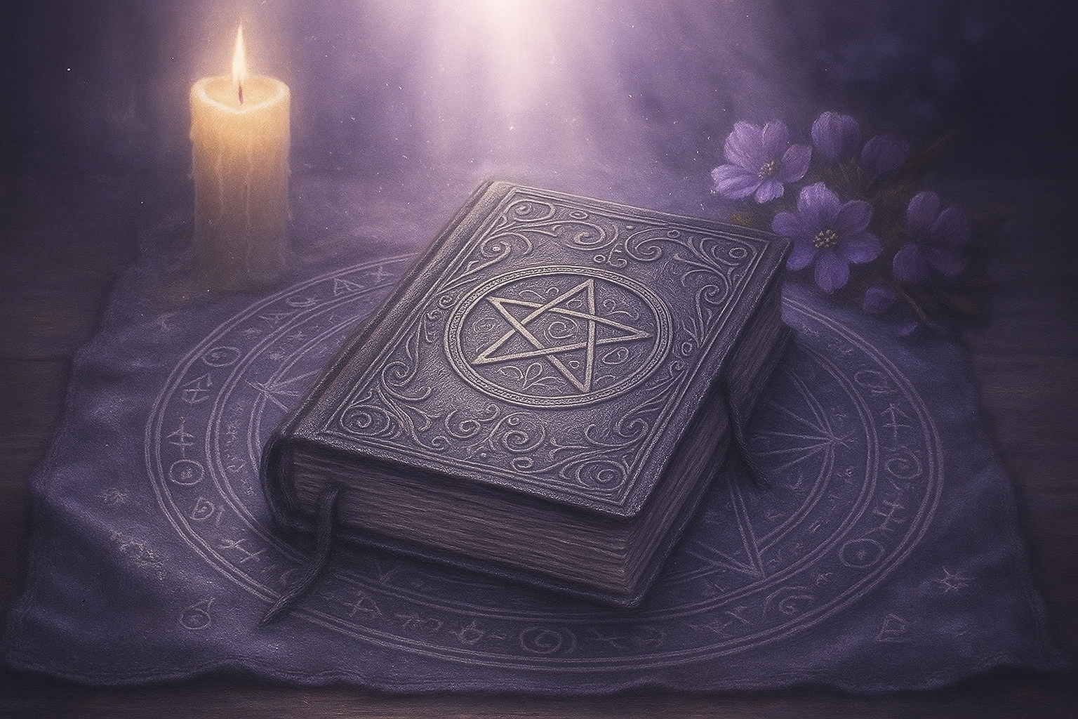 Image d'un grimaoire sur une table de rituel avec une bougie et des fleurs