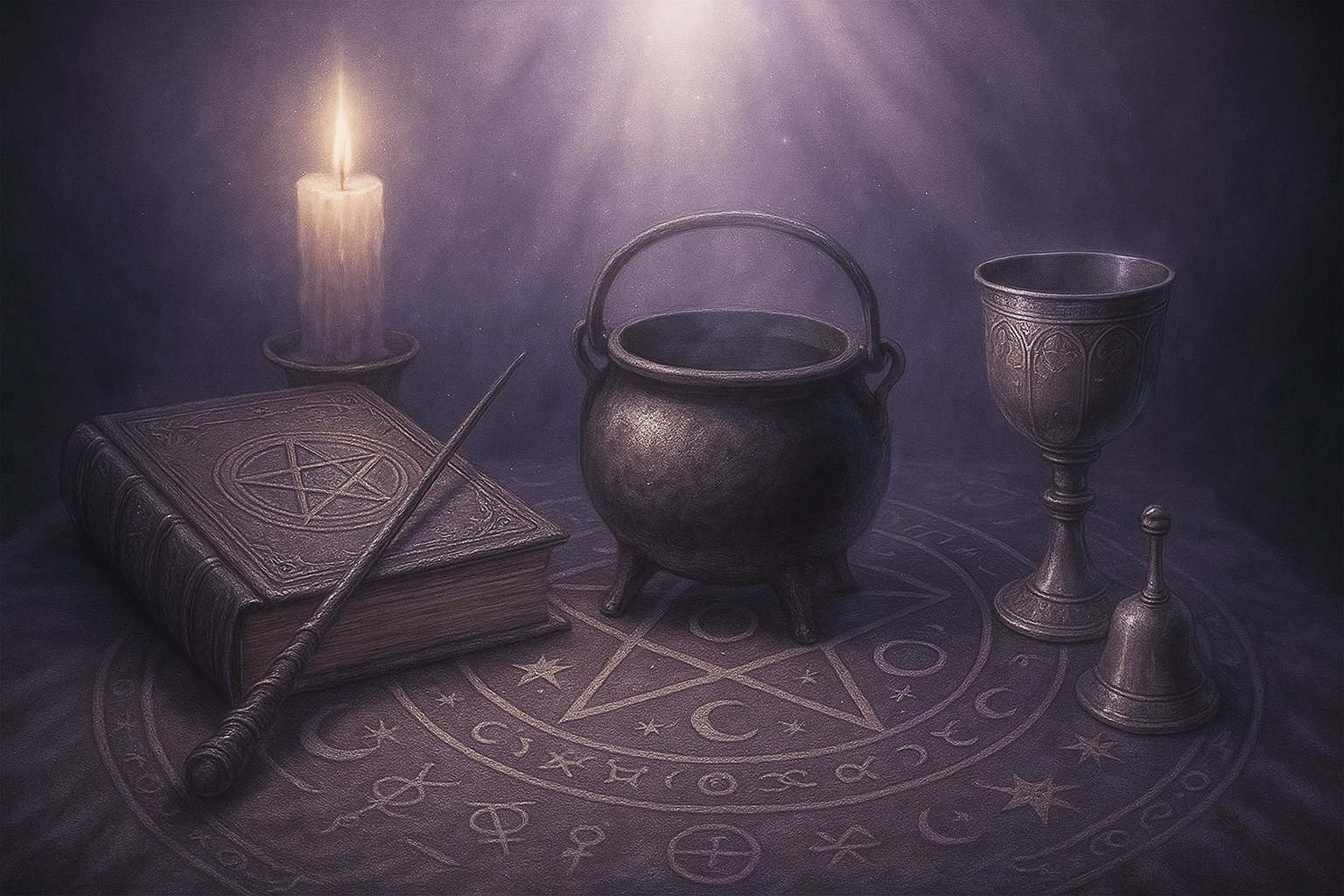 Outils de pratique magique de la socieère : grimoire, baguette, chaudron, calice, cloche, bougie