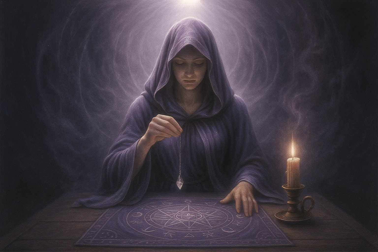 Sorcière qui pratique le pendule divinatoire