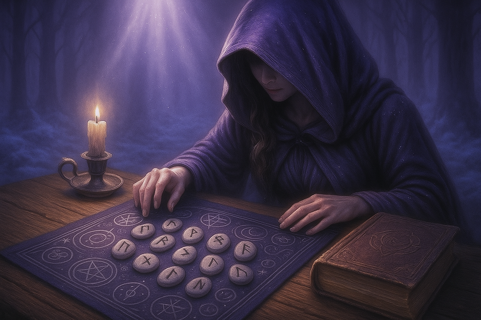 Sorcière qui fait un tirage de runes druidiques