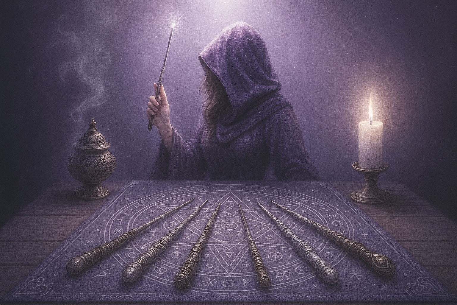 Sorcière qui manipule une baguette magique