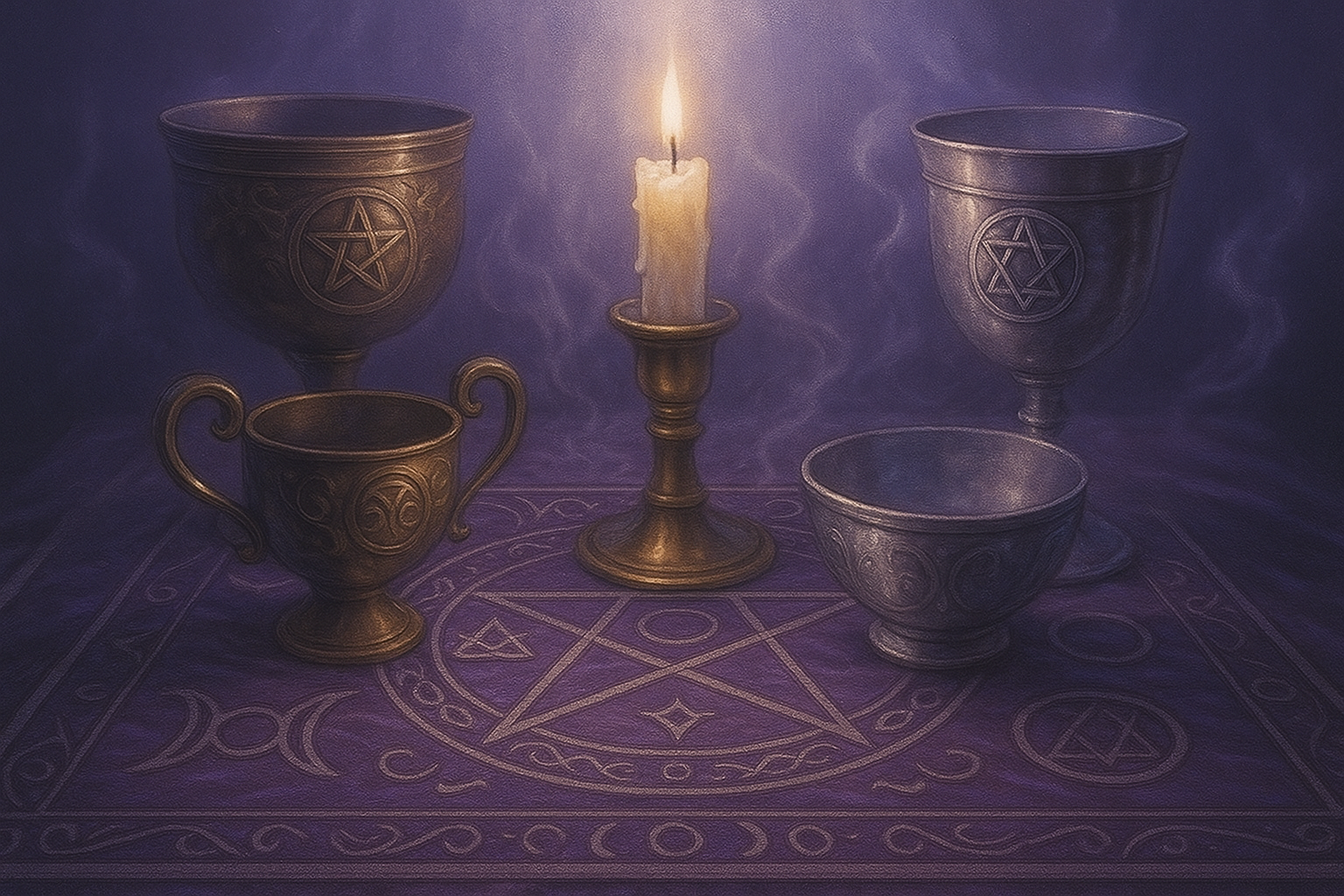Des calices et bols rituels posés sur une table de pratique magique