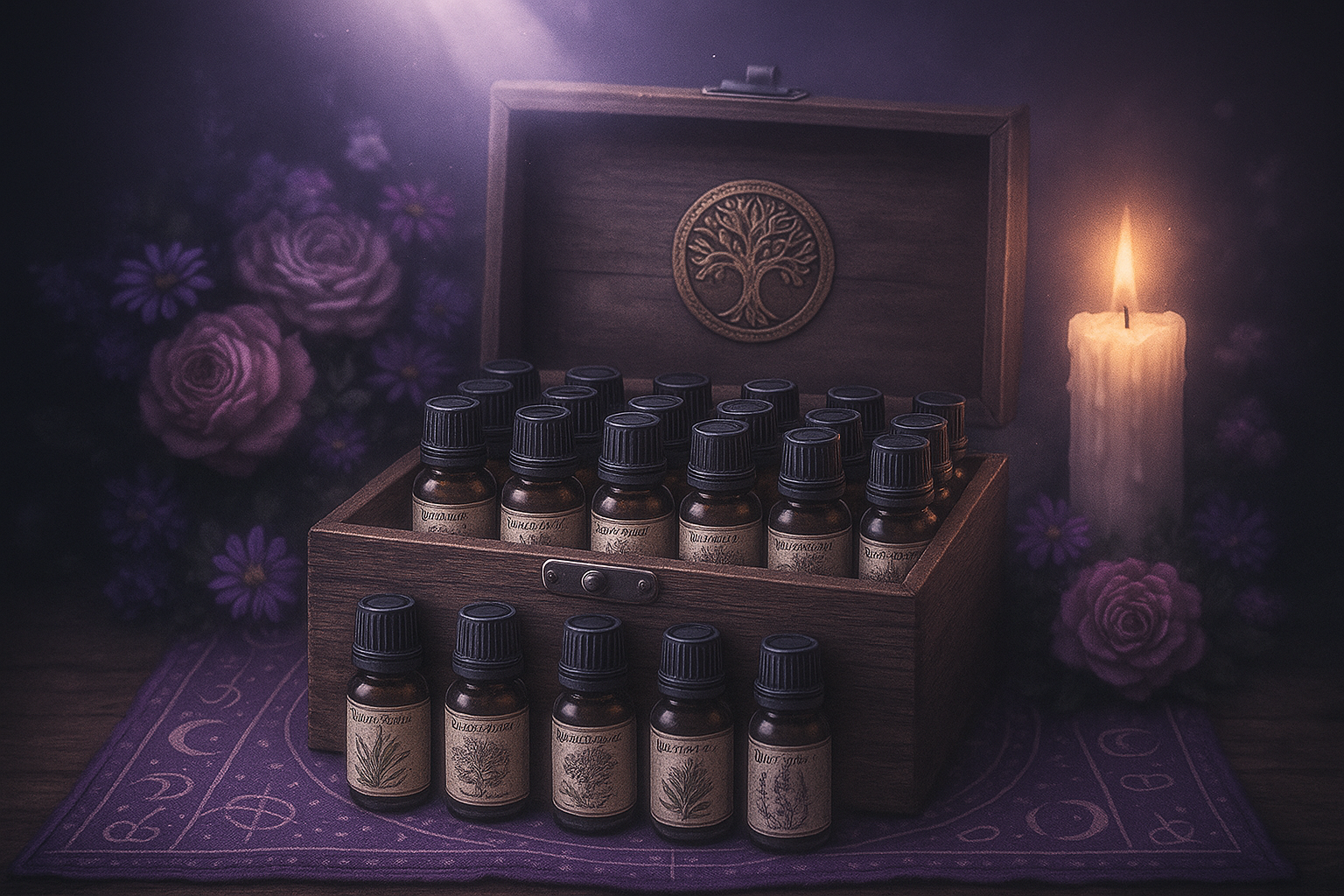 un coffret avec des flacons d'huiles essentielles