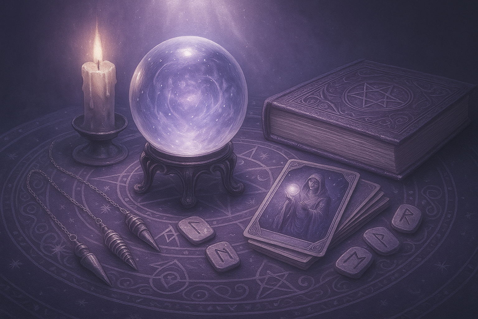 des runes, des pendules, une boule de cristal, un grimoire