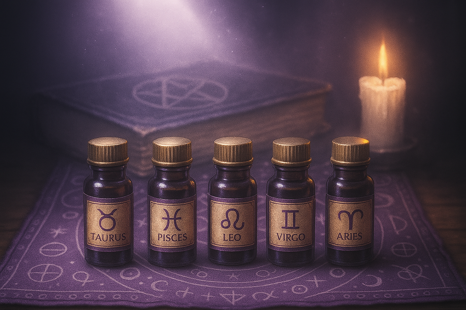 des flacons d'huiles astrologiques