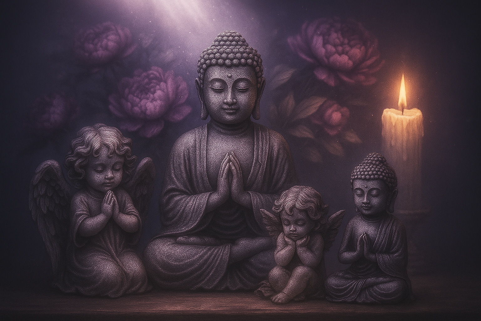 des statuettes de bouddha et d'anges