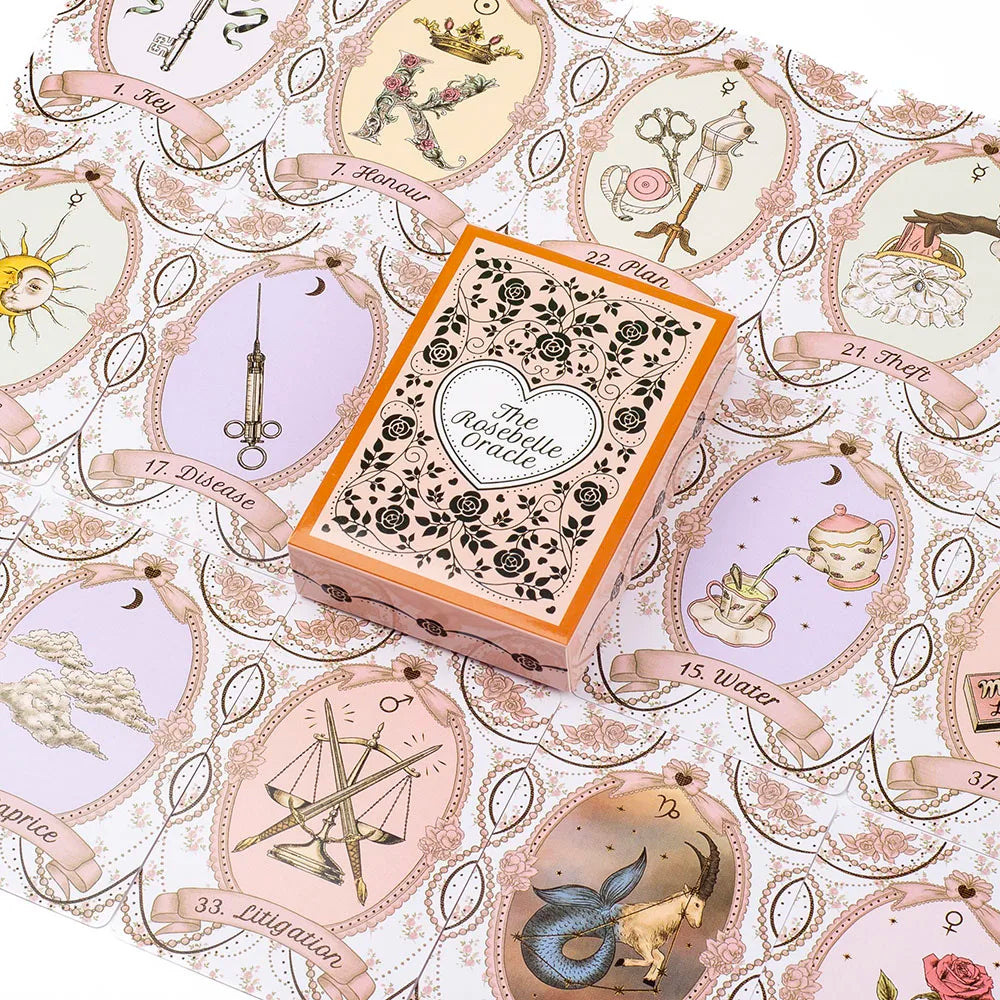 The Rosebelle Oracle – Jeu de 65 Cartes Divinatoires Anglais au Style Romantique Vintage
