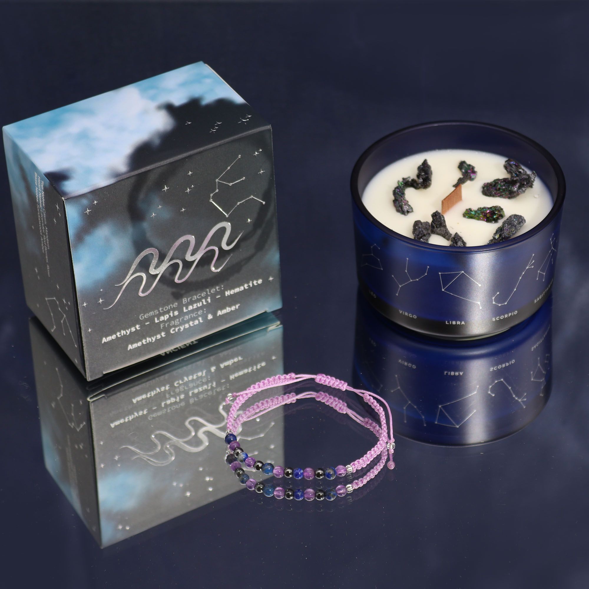 Coffret Zodiaque Verseau – Bougie Cristal & Bracelet en Pierres – Améthyste, Lapis-Lazuli & Hématite