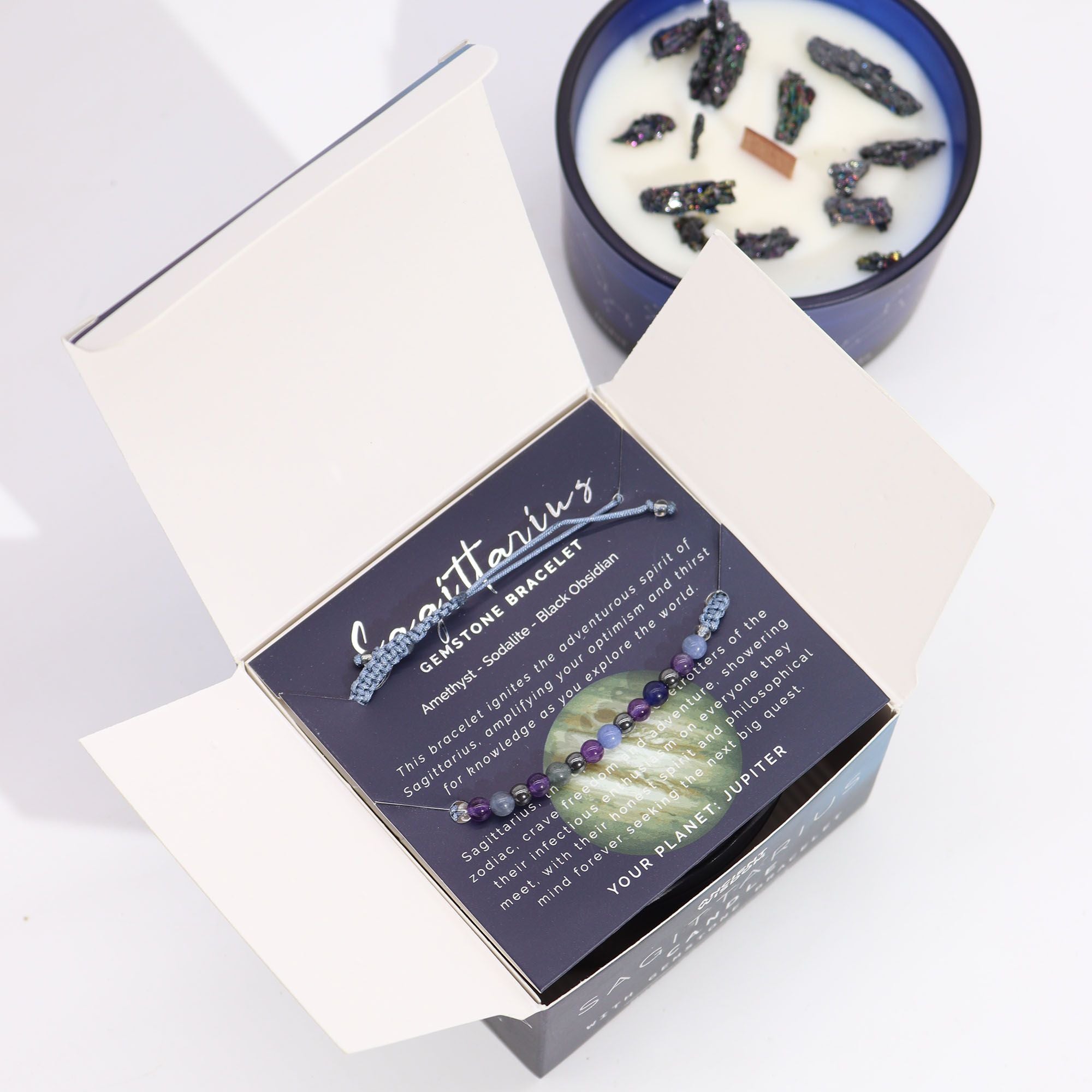 Coffret Zodiaque Sagittaire – Bougie Cristal & Bracelet en Pierres – Améthyste, Sodalite & Obsidienne Noire