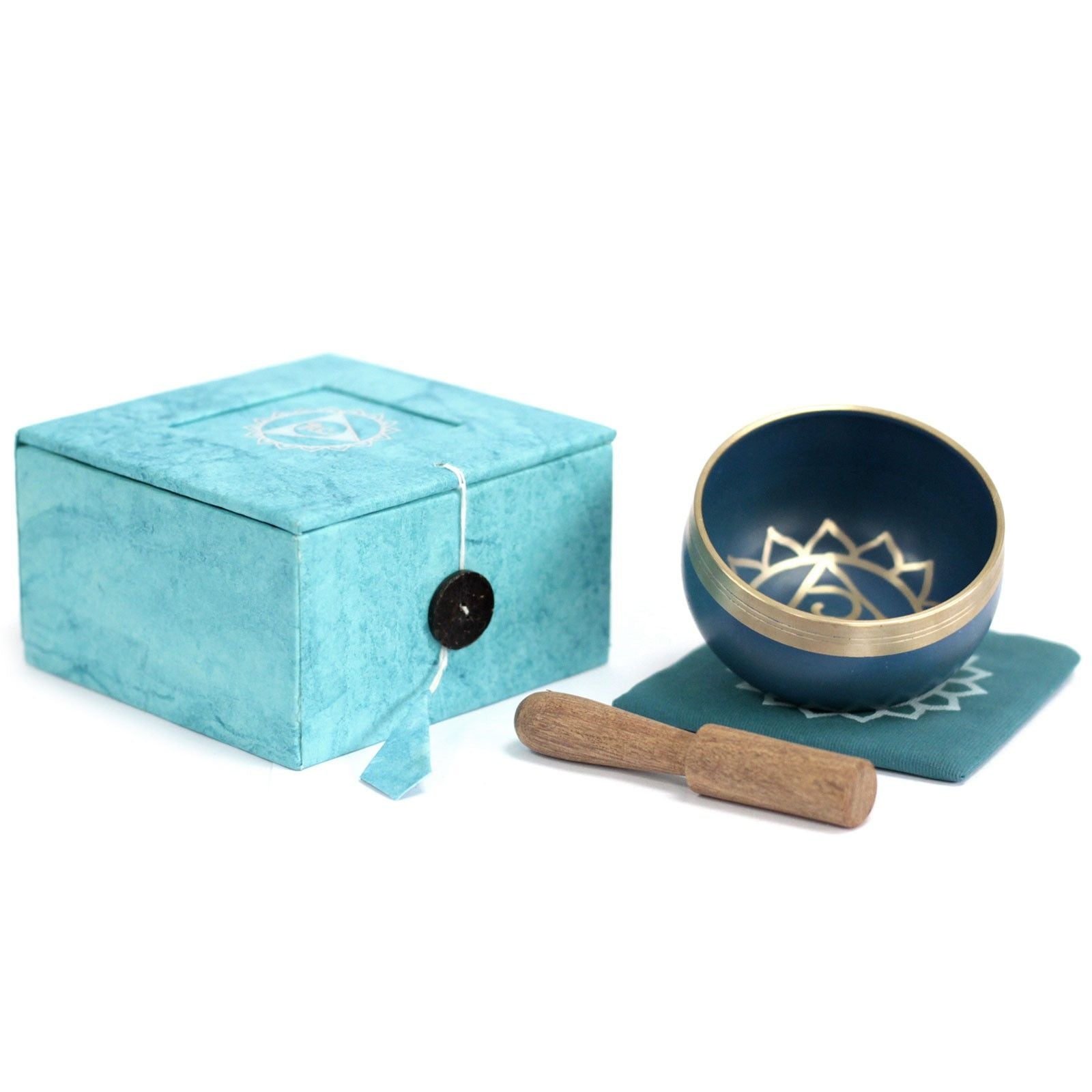 Coffret Bol Chantant Tibétain Chakra de la Gorge – Bleu clair – Avec Coussin & Maillet en Bois