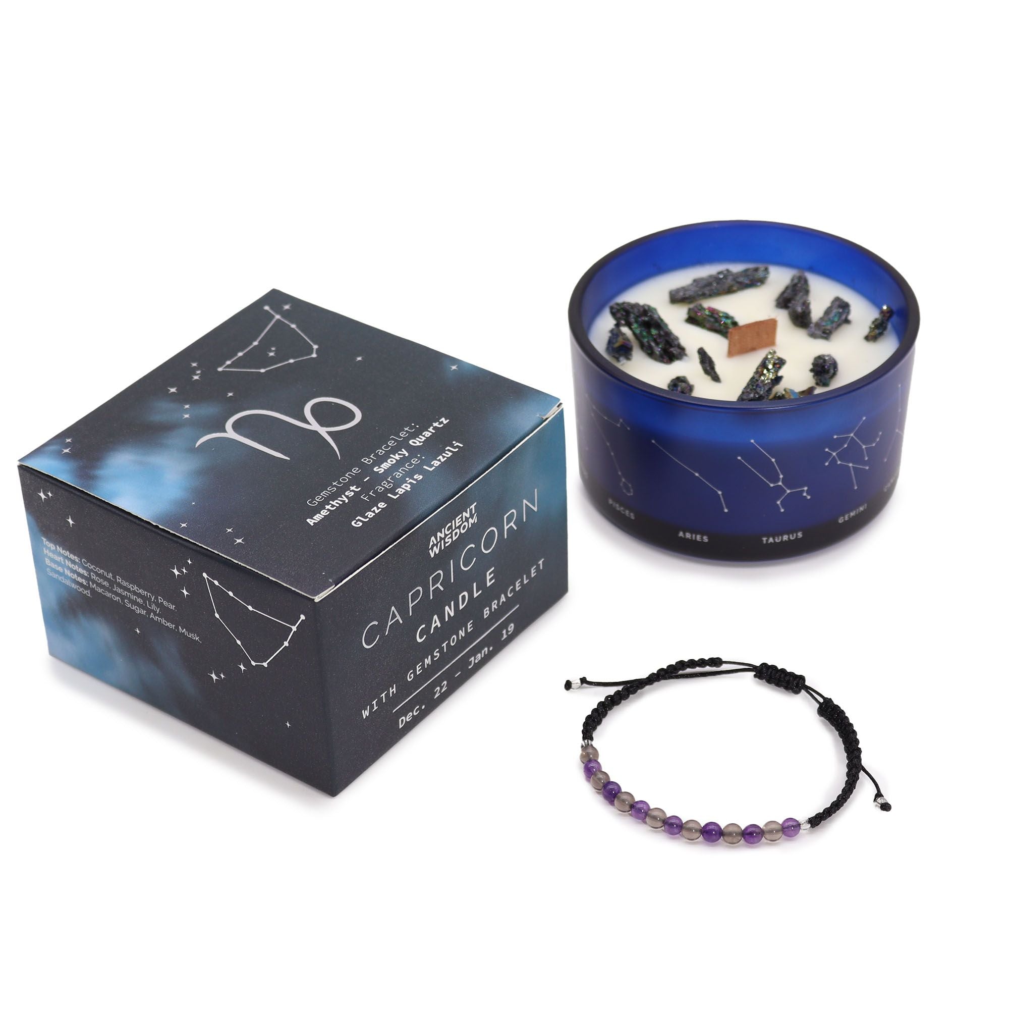 Coffret Zodiaque Capricorne – Bougie Cristal & Bracelet en Pierres – Ambre & Bois de Santal