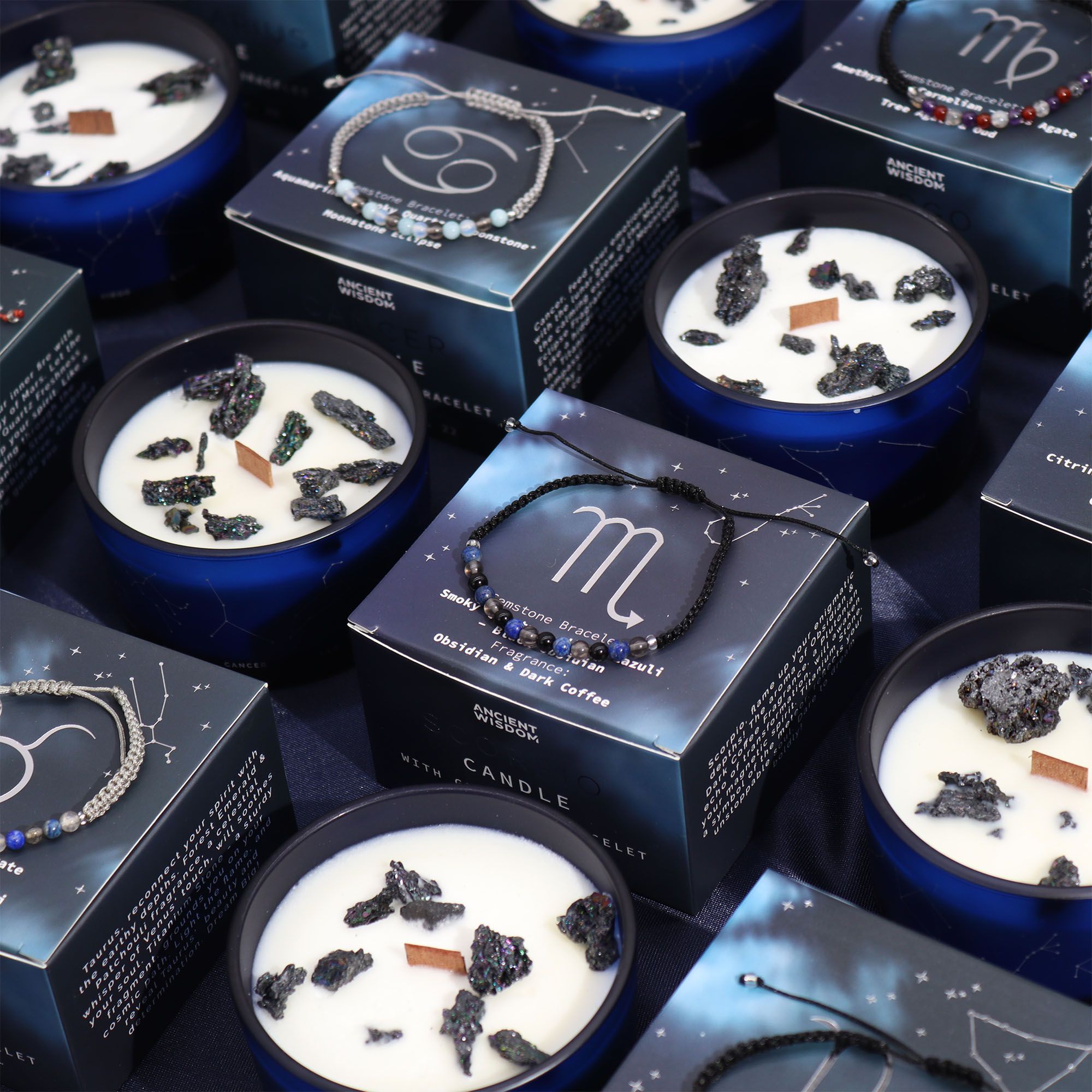 Coffret Zodiaque Vierge – Bougie Cristal & Bracelet en Pierres – Améthyste, Cornaline & Agate Mousse