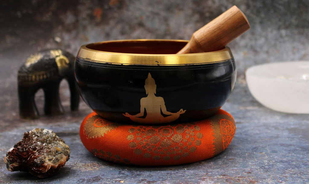 Set Bol Tibétain Coffret – Bouddha – Noir/Orange – 14 cm