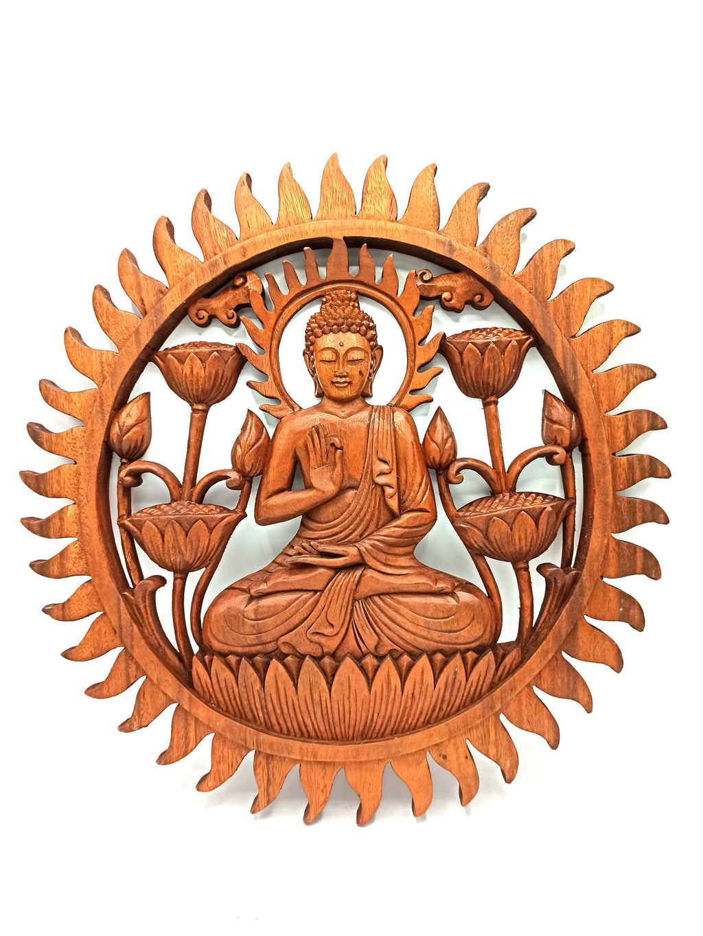 Panneau Mural Bois Sculpté – Bouddha & Lotus – 40 cm