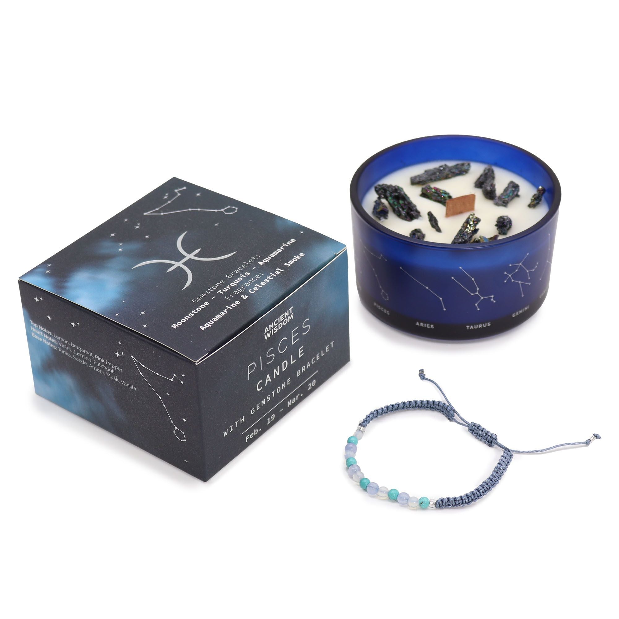 Coffret Zodiaque Poissons – Bougie Cristal & Bracelet en Pierres – Pierre de Lune, Turquoise, Aigue-marine
