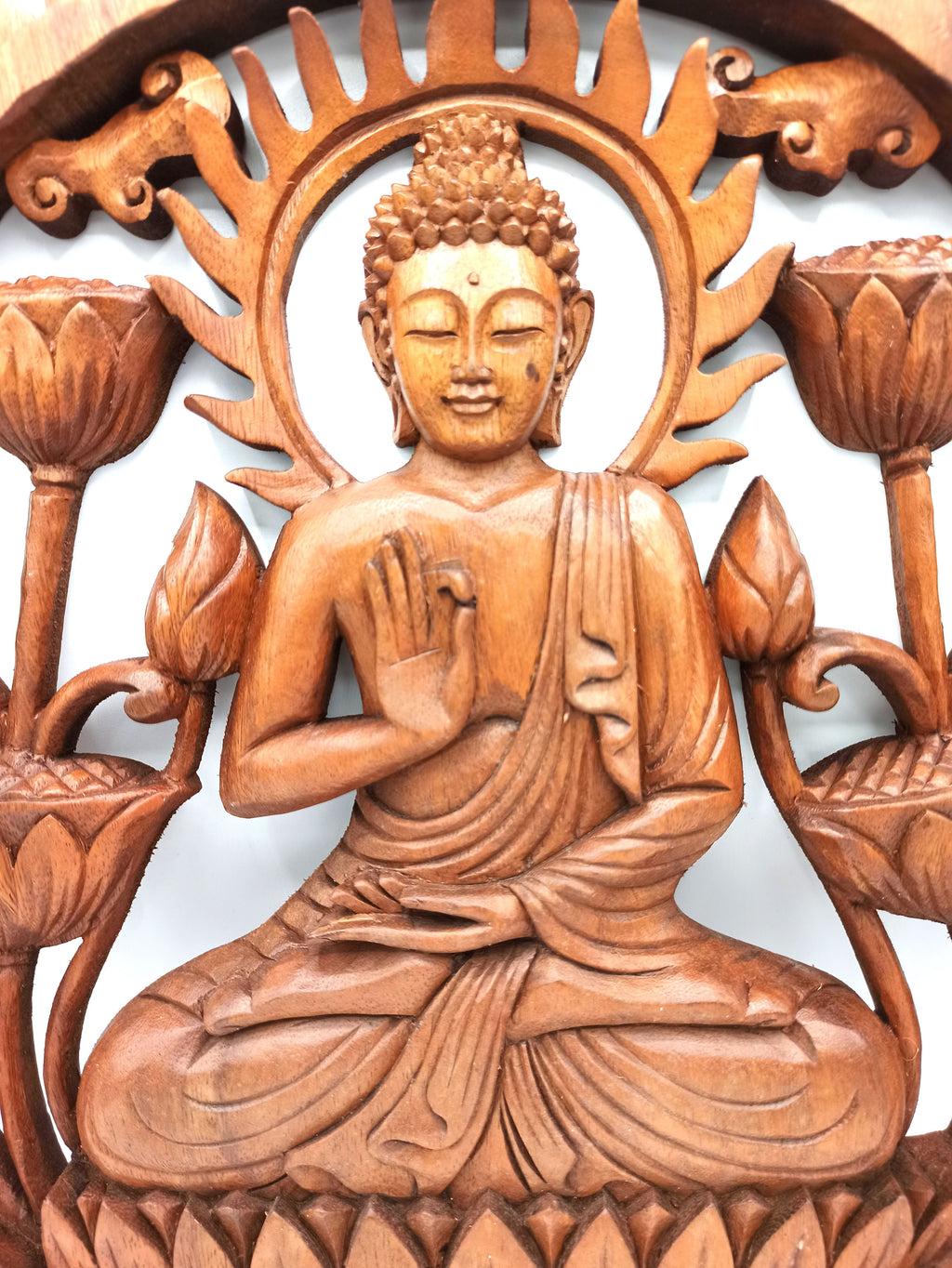 Panneau Mural Bois Sculpté – Bouddha & Lotus – 40 cm