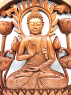 Panneau Mural Bois Sculpté – Bouddha & Lotus – 40 cm
