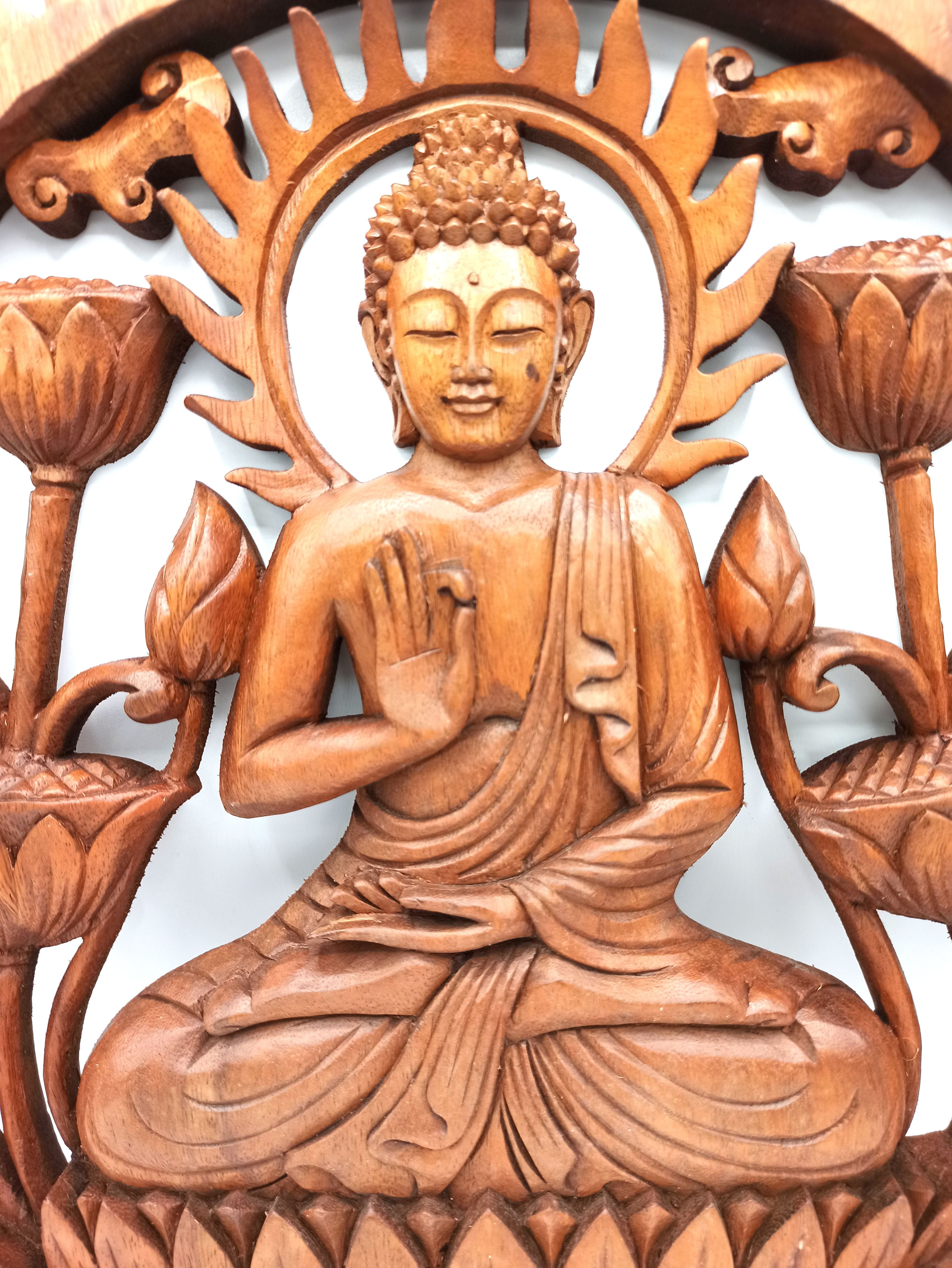 Panneau Mural Bois Sculpté – Bouddha & Lotus – 40 cm