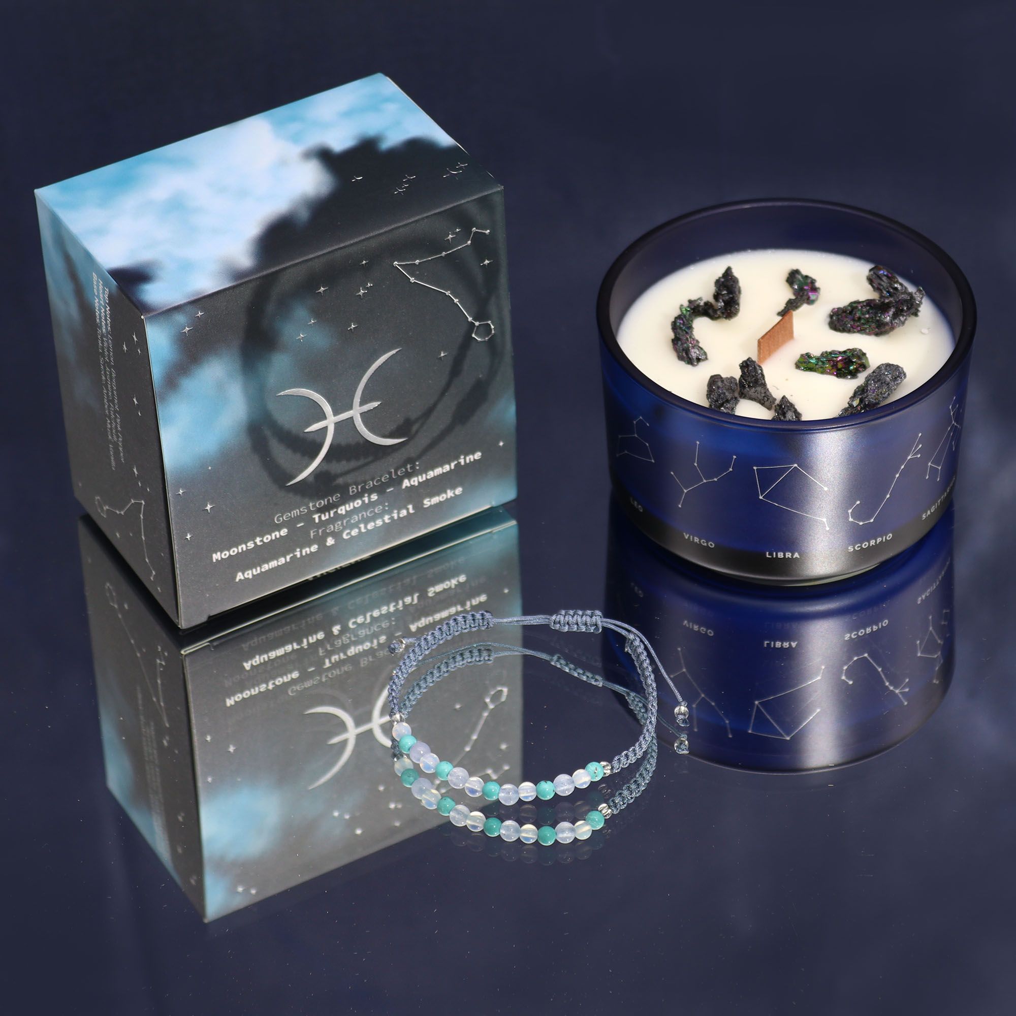 Coffret Zodiaque Poissons – Bougie Cristal & Bracelet en Pierres – Pierre de Lune, Turquoise, Aigue-marine