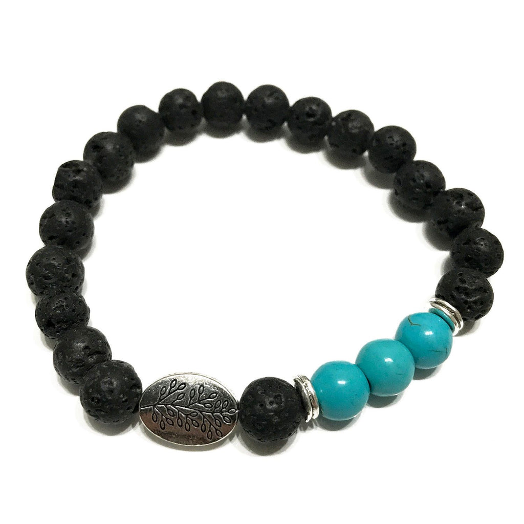 Bracelet en Pierre de Lave – Feuille & Turquoise
