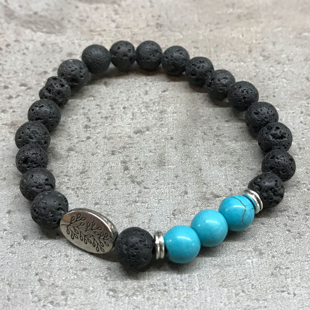 Bracelet en Pierre de Lave – Feuille & Turquoise