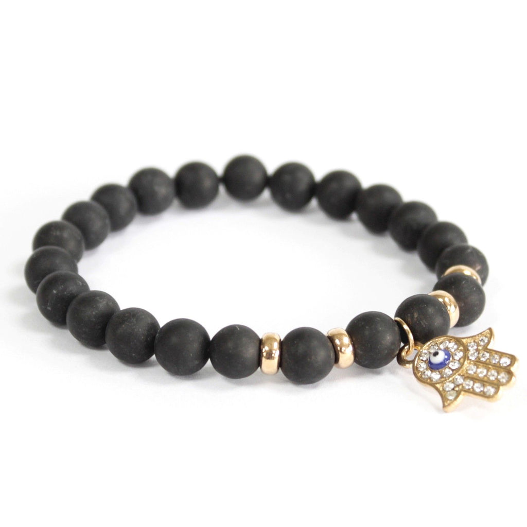 Bracelet en Agate Noire – Main de Hamsa Protectrice