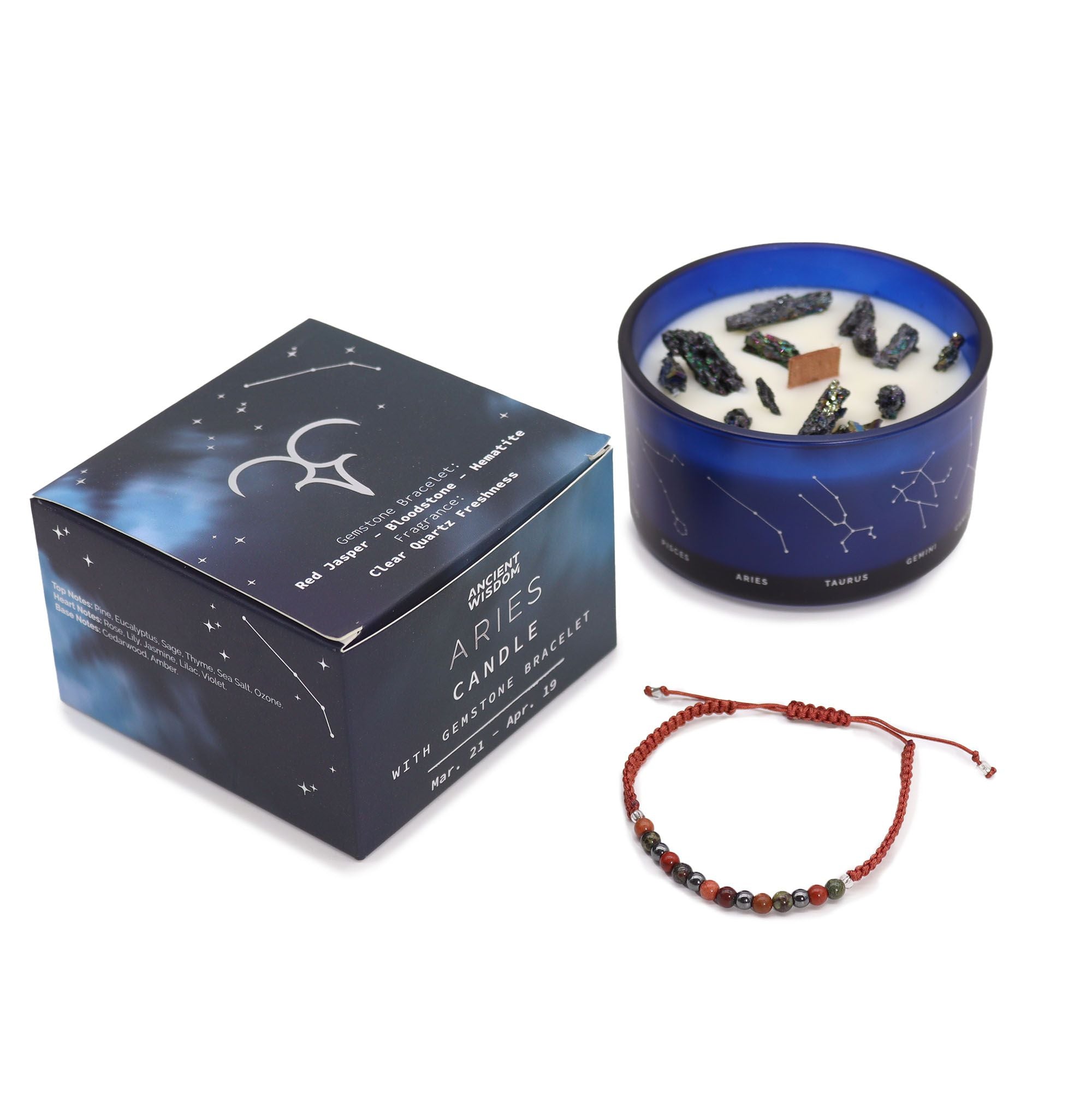 Coffret Zodiaque Bélier – Bougie Cristal & Bracelet en Pierres – Jaspe rouge, Héliotrope, Hématite
