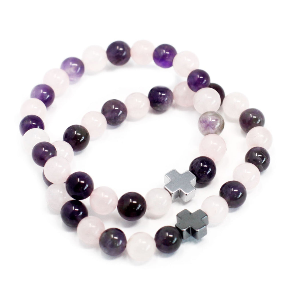 Set de 2 Bracelets d'Amour – Améthyste & Quartz Rose