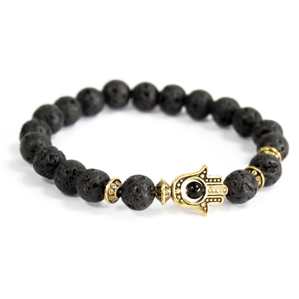 Bracelet Boho Bling – Hamsa Doré sur Pierre de Lave