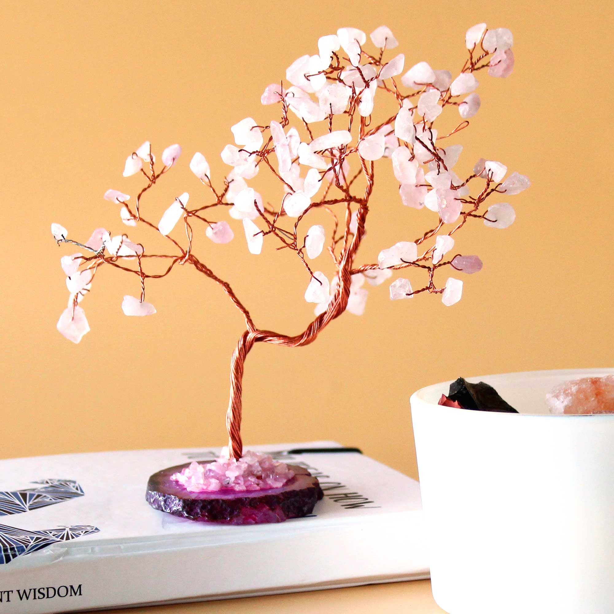 Grand Arbre de Gemmes – Quartz Rose sur base en Agate Rose – 100 Pierres