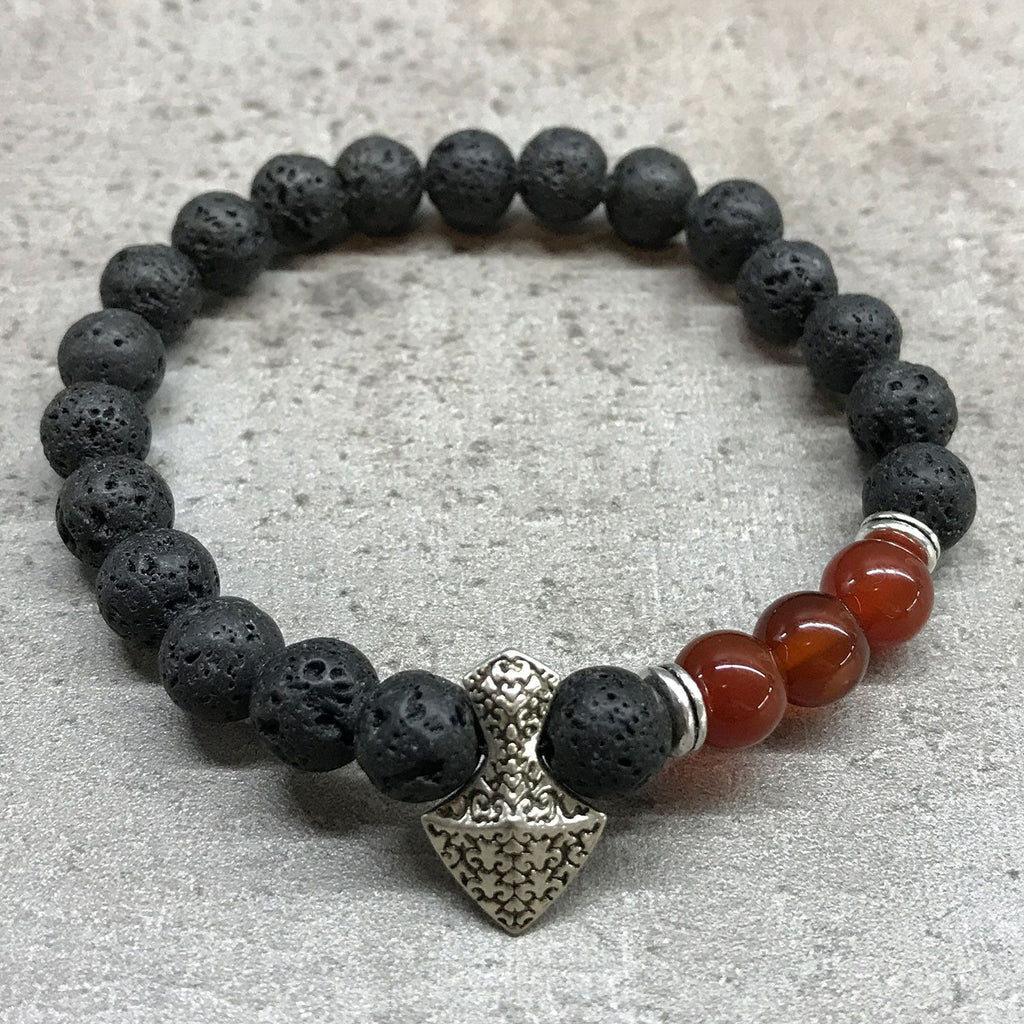 Bracelet en Pierre de Lave – Tête de Hache & Cornaline