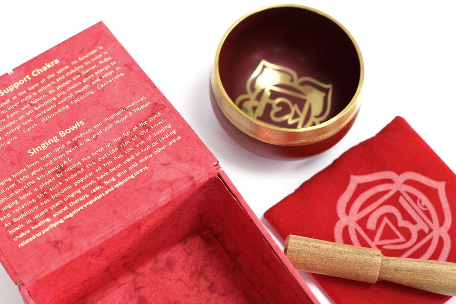 Coffret Bol Chantant Tibétain Chakra Racine – Rouge – Avec Coussin & Maillet en Bois