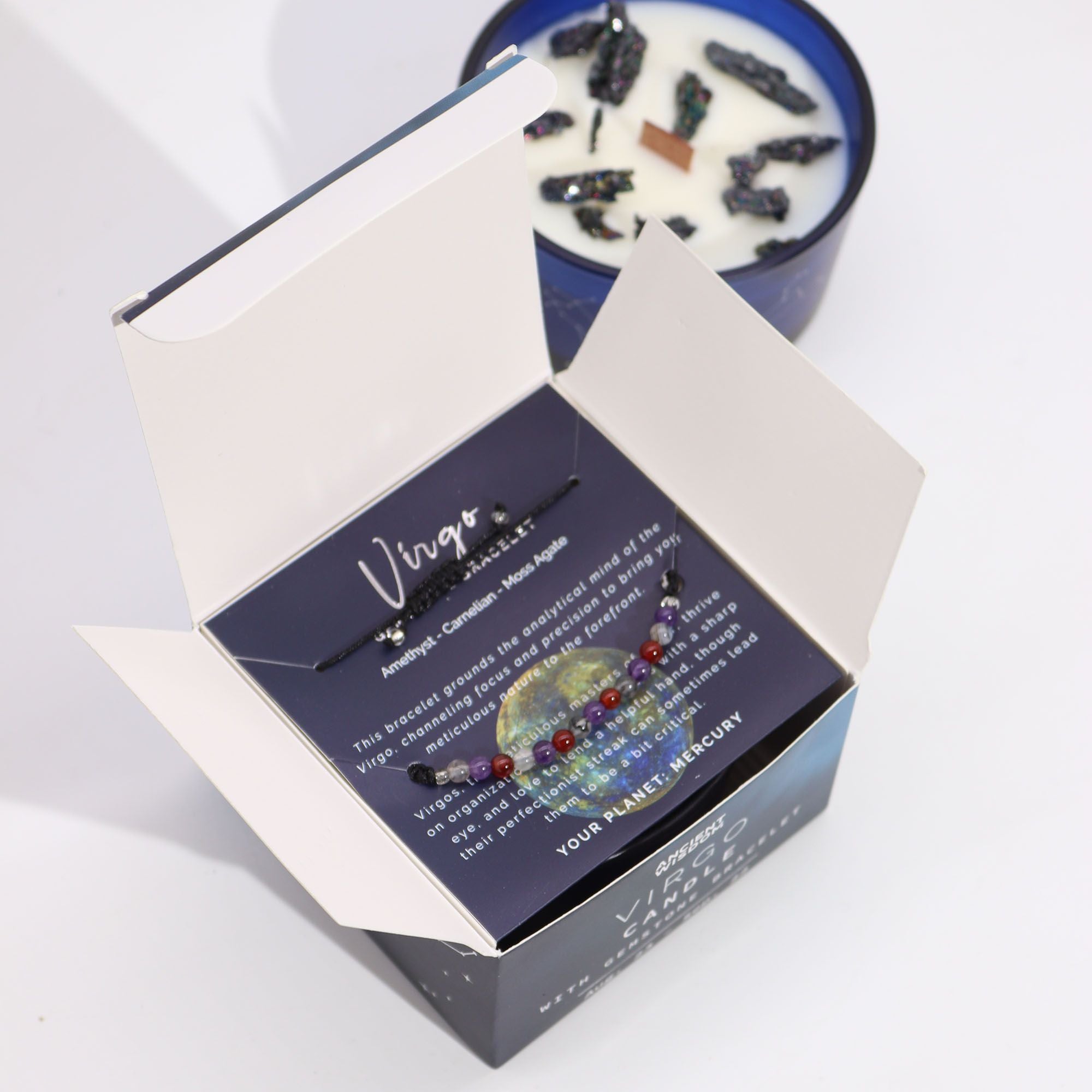 Coffret Zodiaque Vierge – Bougie Cristal & Bracelet en Pierres – Améthyste, Cornaline & Agate Mousse