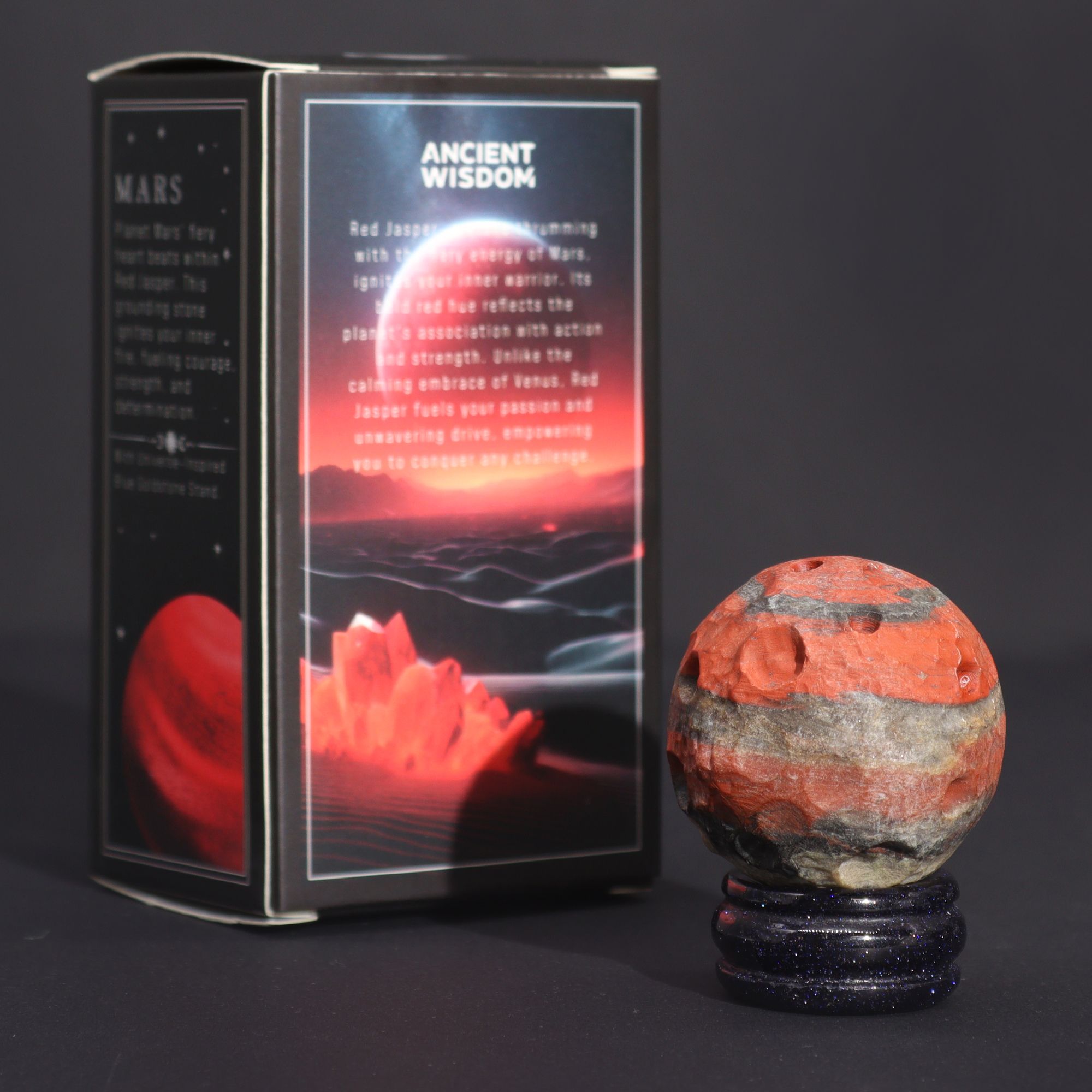 Sphère Jaspe Rouge – Planète Mars – Sur Socle Solis Goldstone – 40 mm
