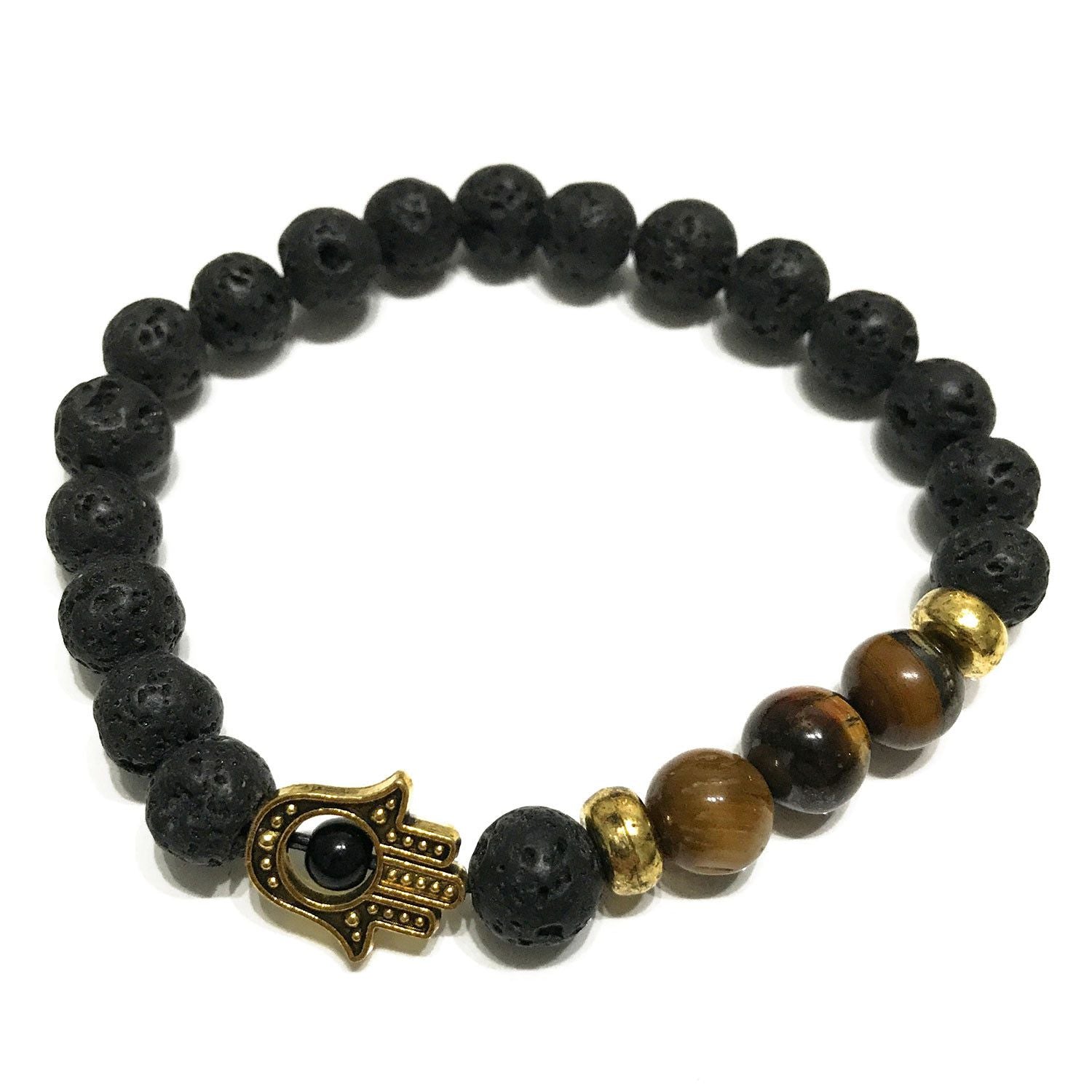 Bracelet en Pierre de Lave – Hamsa & Œil de Tigre