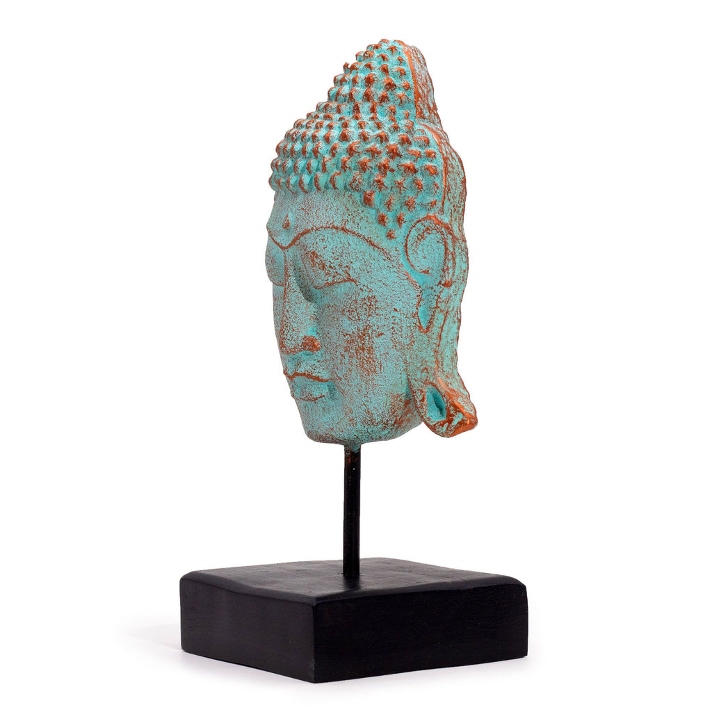 Grande Tête de Bouddha Sérénité sur Support – Vert Cuivré