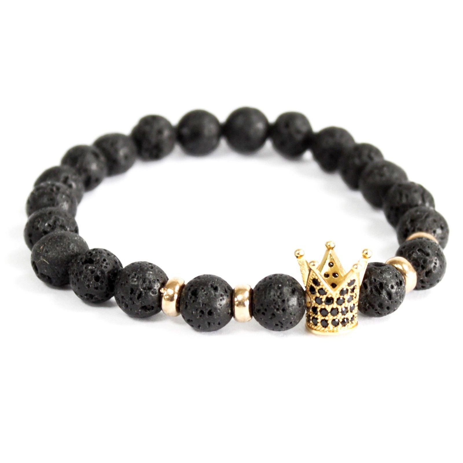 Bracelet Boho Bling – Couronne Dorée sur Pierre de Lave