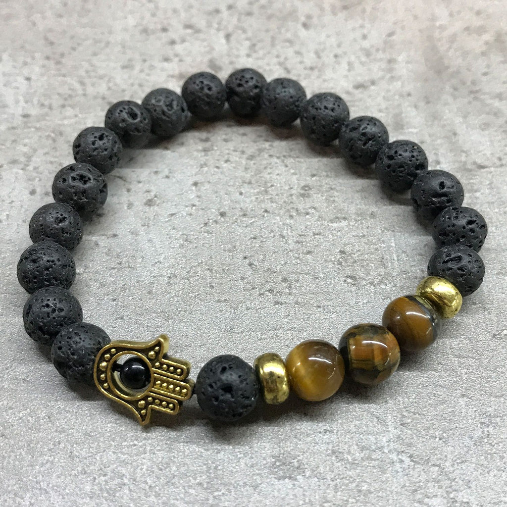 Bracelet en Pierre de Lave – Hamsa & Œil de Tigre