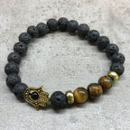 Bracelet en Pierre de Lave – Hamsa & Œil de Tigre