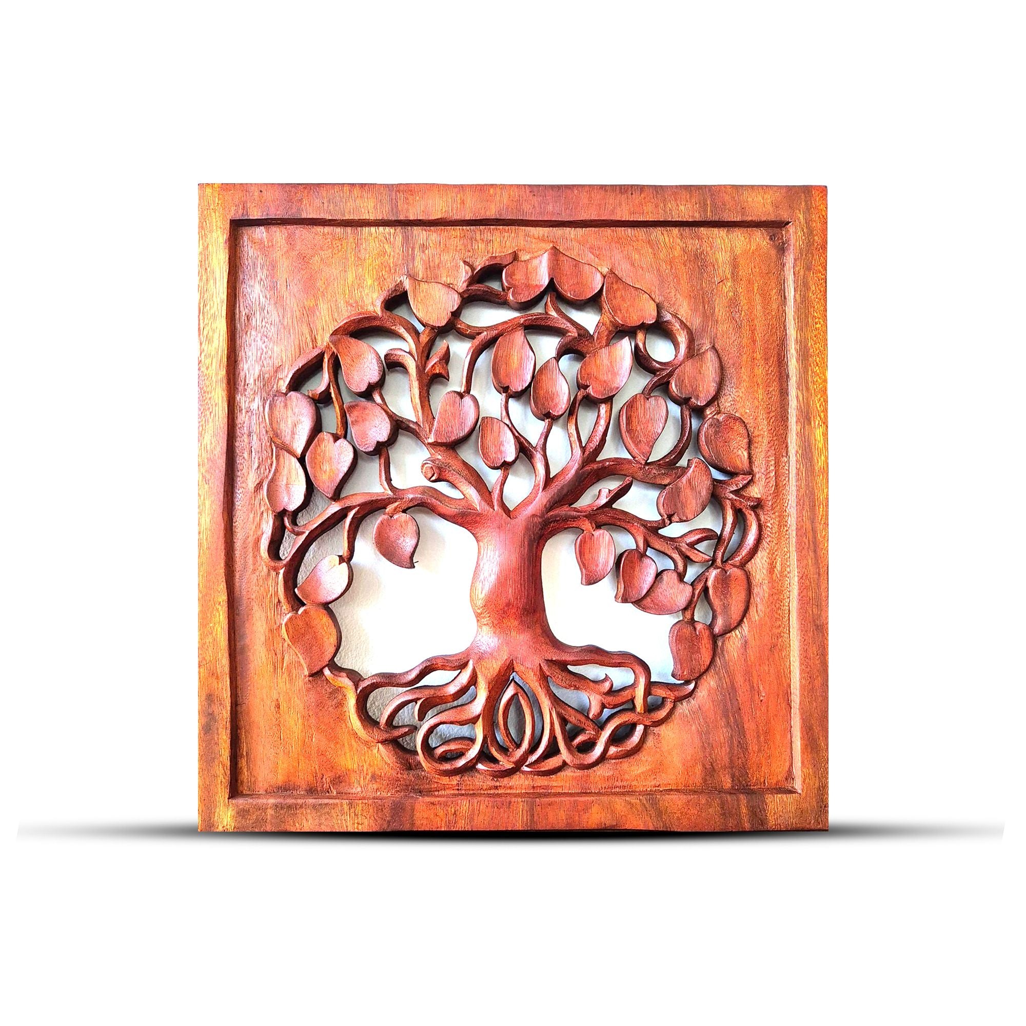 Panneau Mural Bois Sculpté – Arbre de Vie Carré-Rond – 40 x 40 cm
