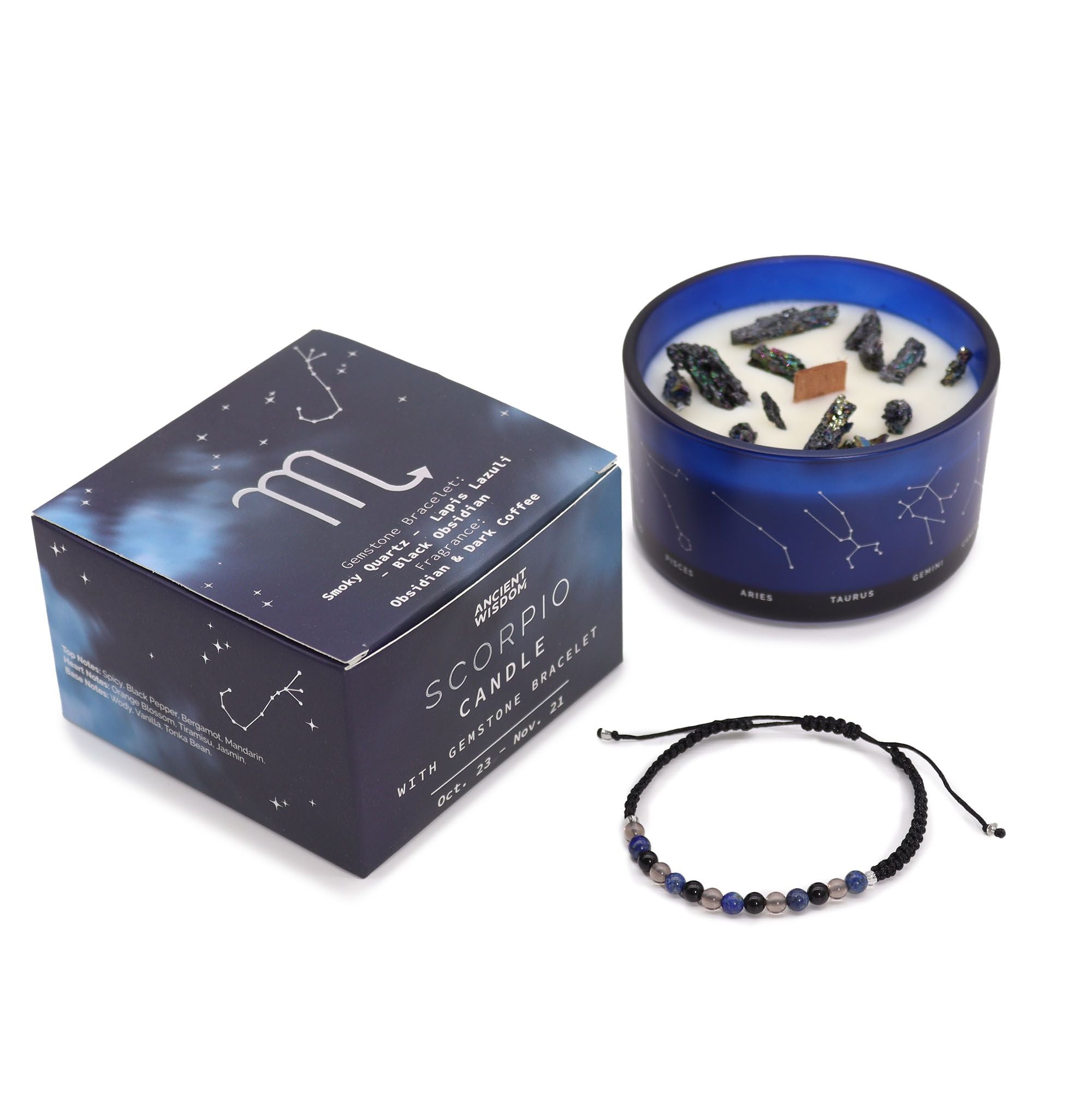 Coffret Zodiaque Scorpion – Bougie Cristal & Bracelet en Pierres – Quartz Fumé, Lapis-Lazuli & Obsidienne Noire