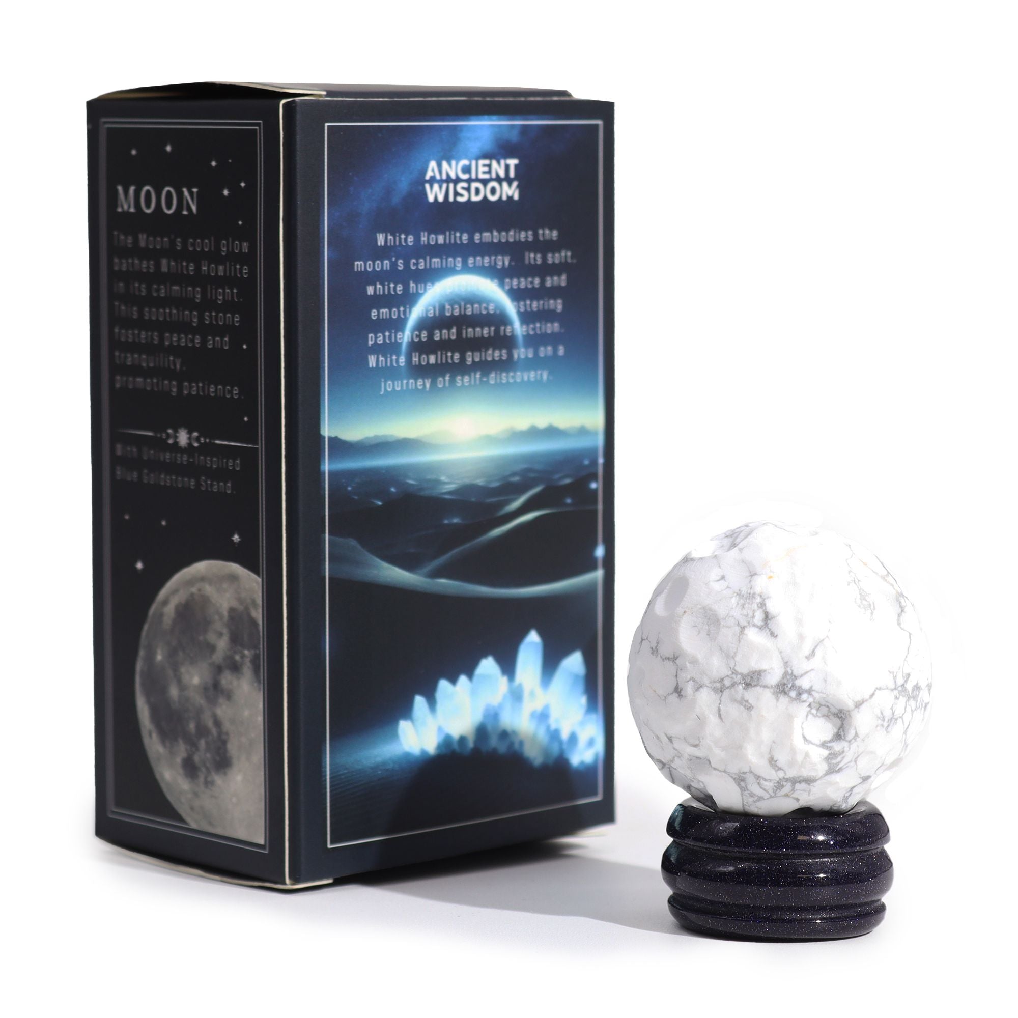Planète en Howlite Blanche – Lune – 40 mm sur Support Goldstone