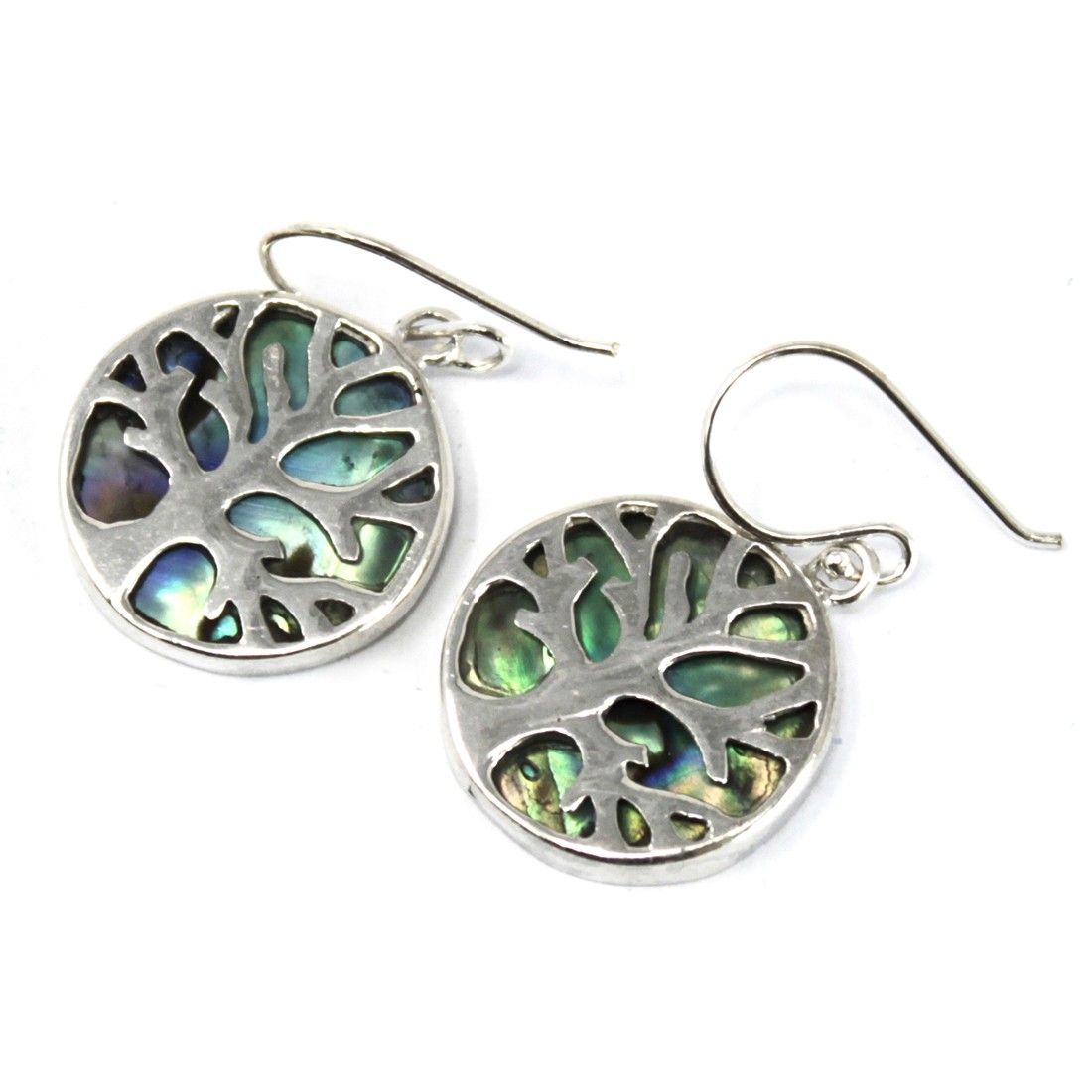 Boucles d'Oreilles Arbre de Vie en Argent 925 – Nacre Abalone – 15 mm